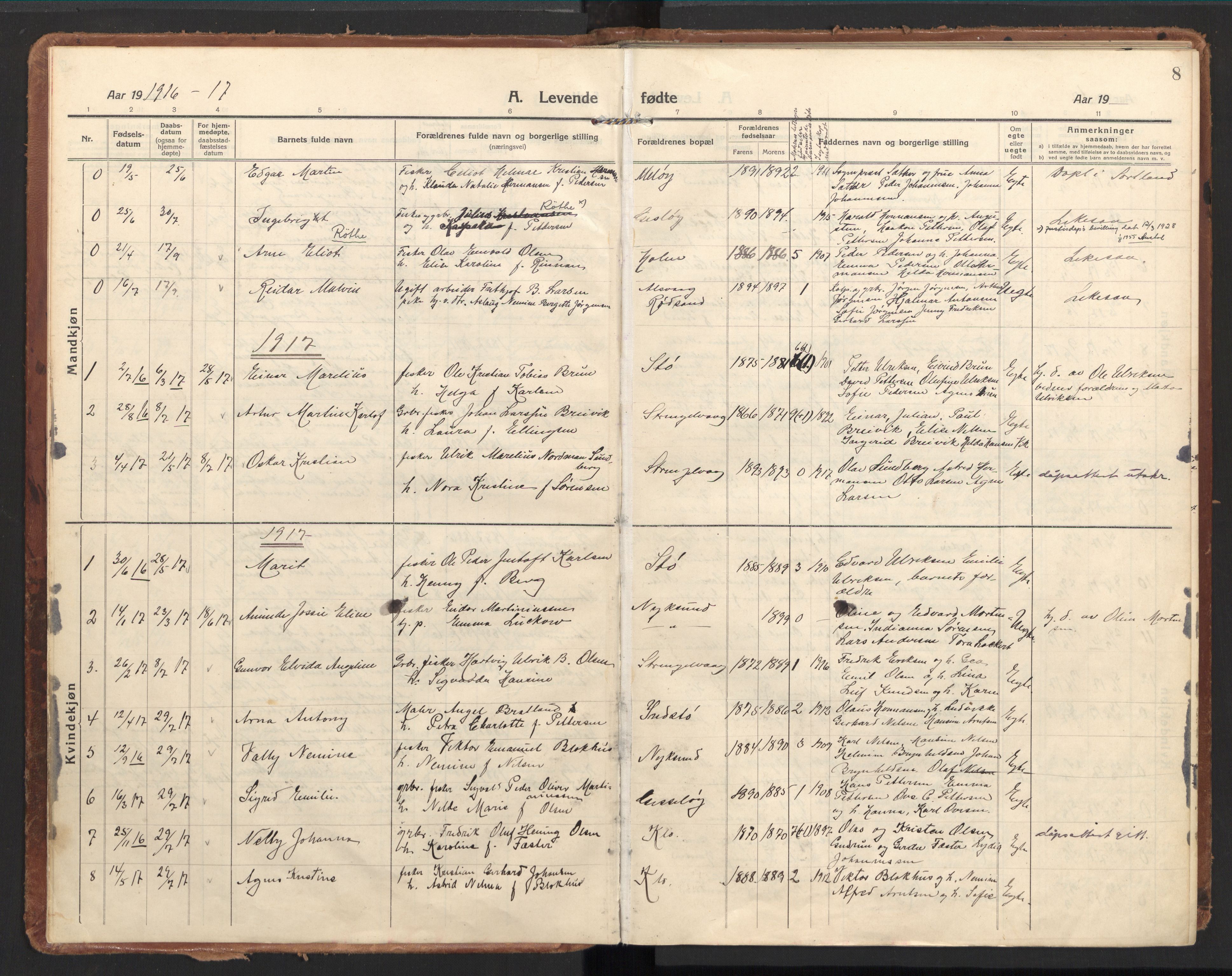 Ministerialprotokoller, klokkerbøker og fødselsregistre - Nordland, SAT/A-1459/894/L1357: Parish register (official) no. 894A03, 1913-1934, p. 8