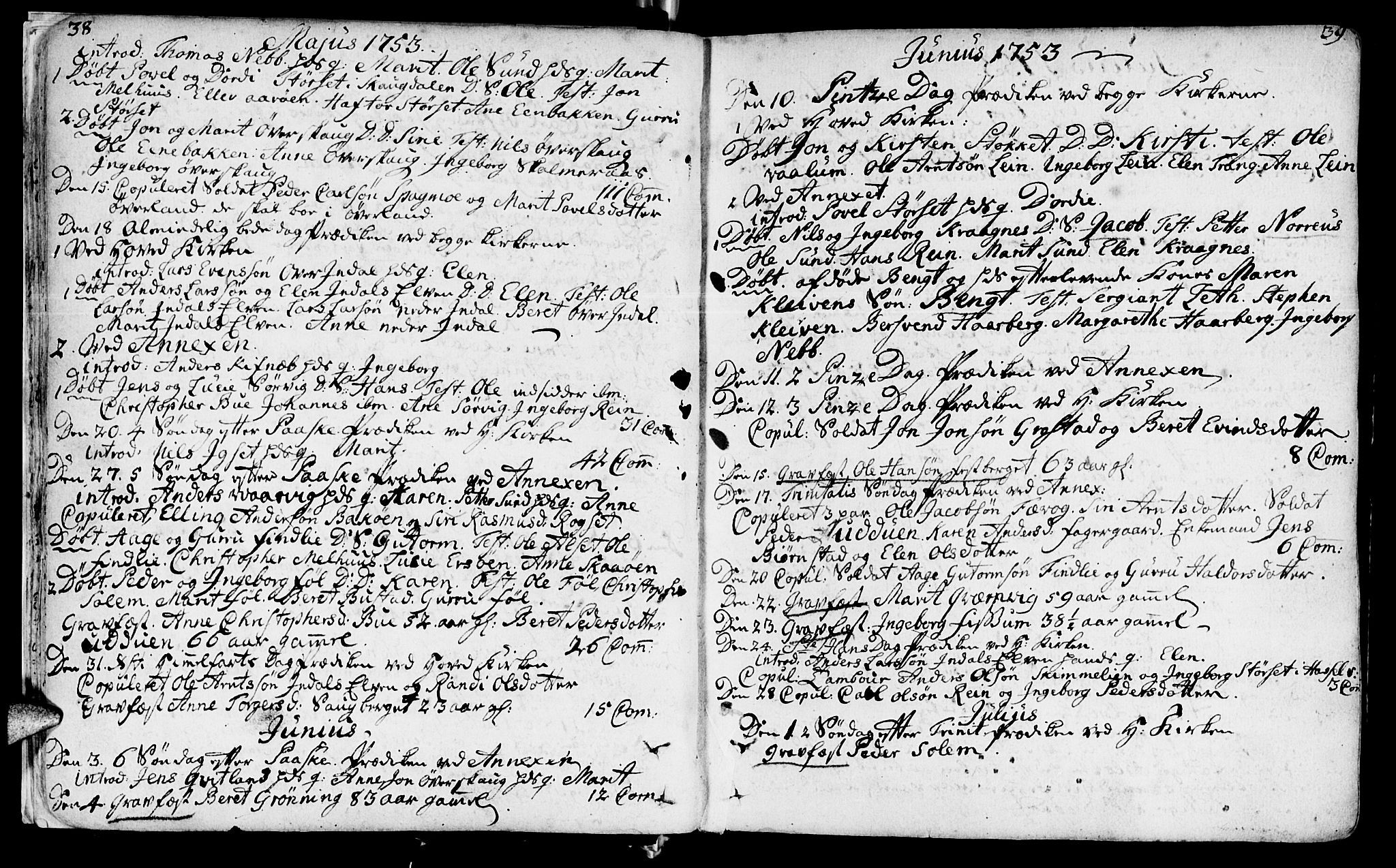 Ministerialprotokoller, klokkerbøker og fødselsregistre - Sør-Trøndelag, AV/SAT-A-1456/646/L0605: Parish register (official) no. 646A03, 1751-1790, p. 38-39