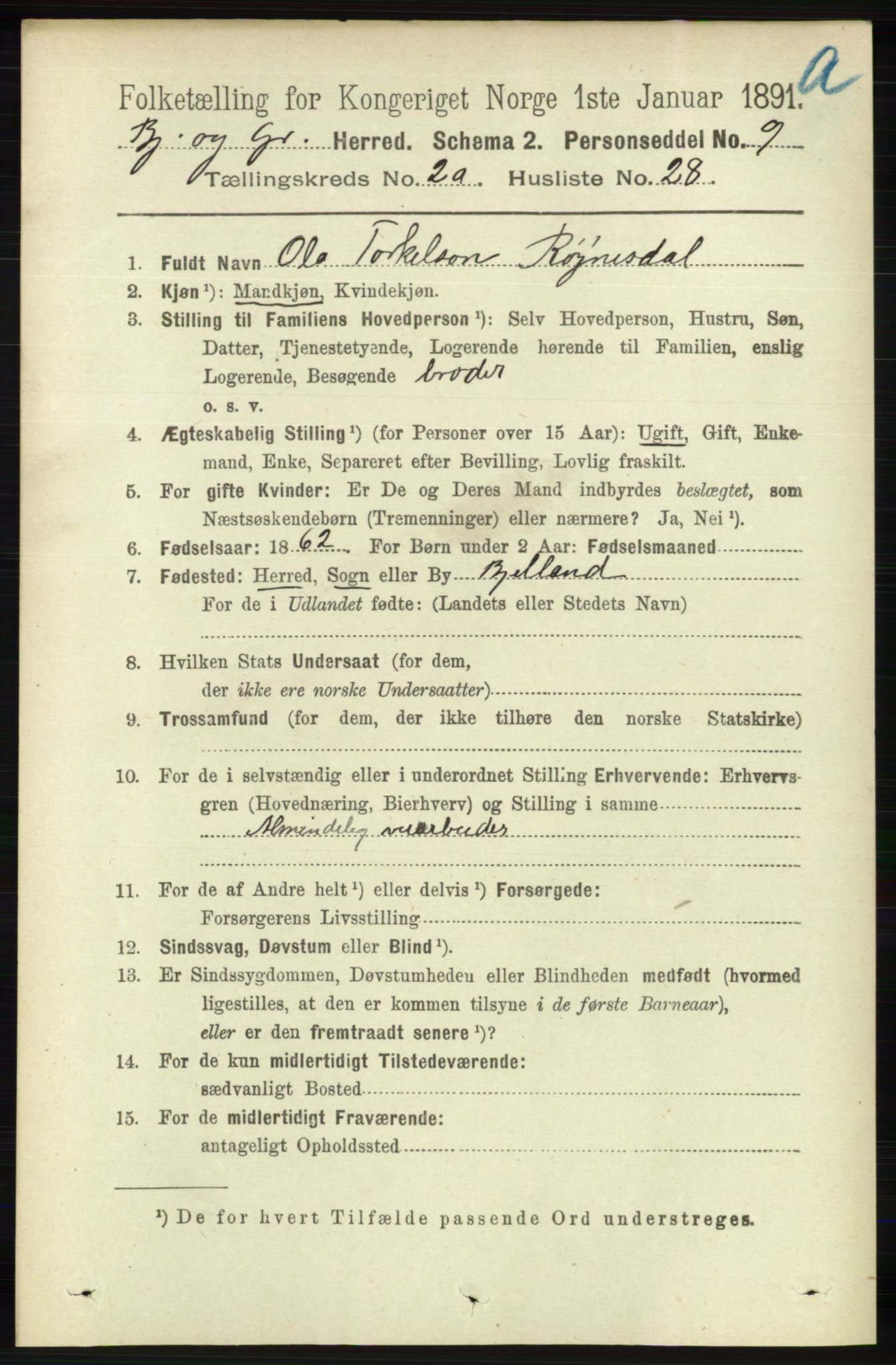 RA, 1891 census for 1024 Bjelland og Grindheim, 1891, p. 1290