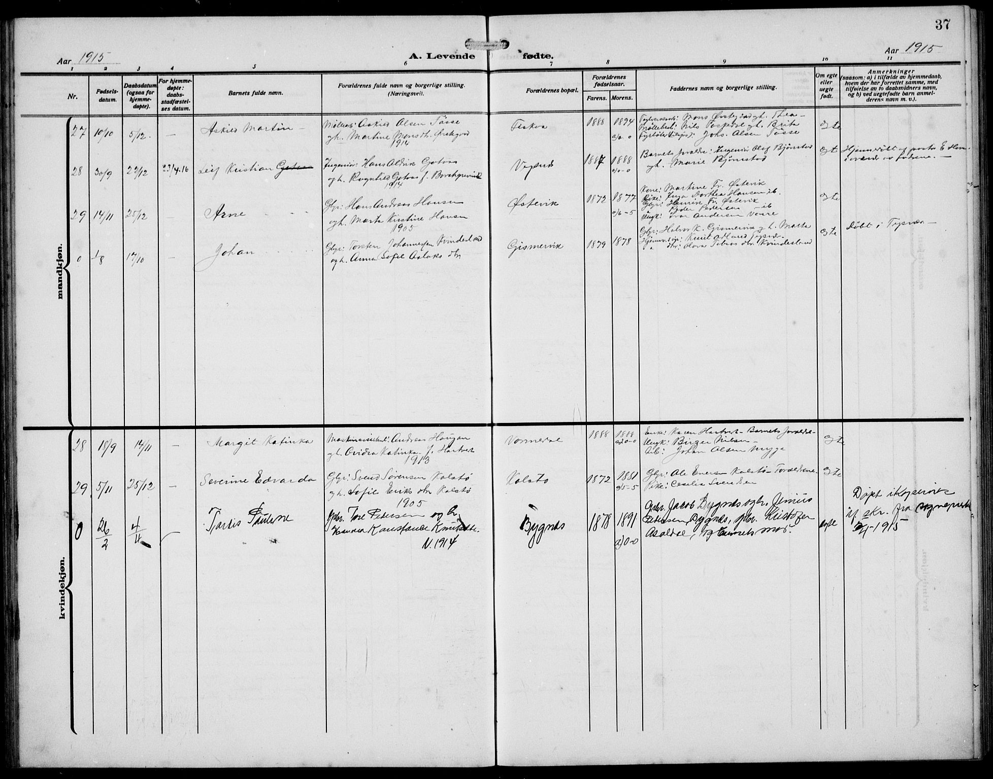 Avaldsnes sokneprestkontor, AV/SAST-A -101851/H/Ha/Hab/L0008: Parish register (copy) no. B 8, 1910-1939, p. 37