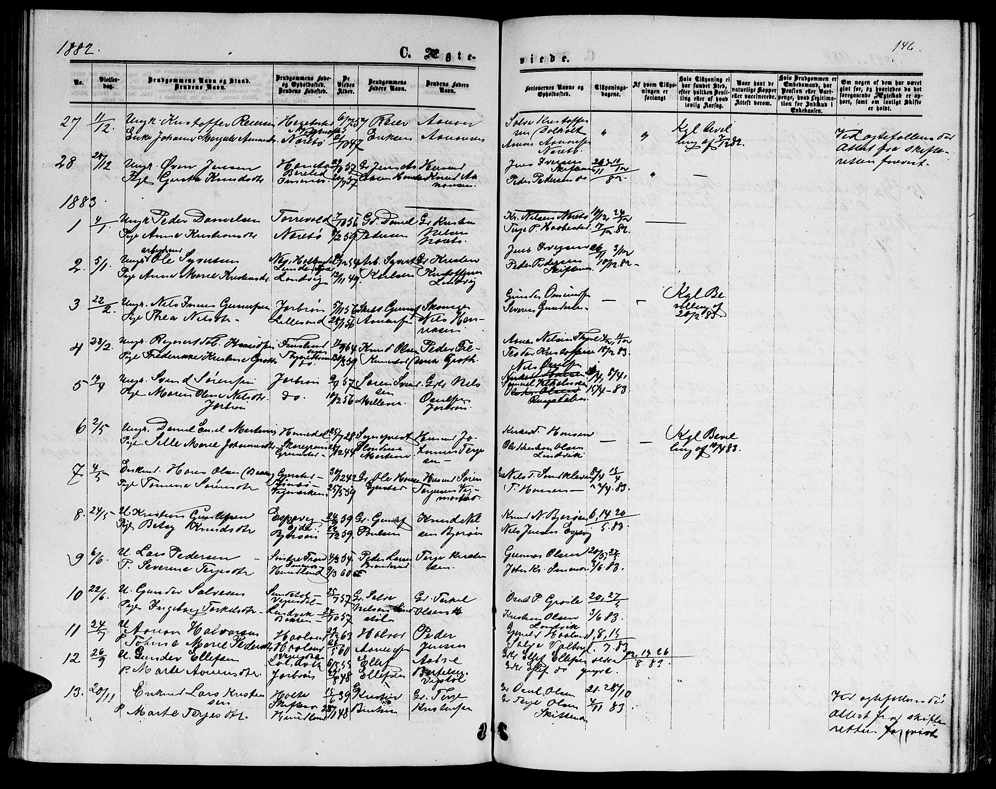 Hommedal sokneprestkontor, AV/SAK-1111-0023/F/Fb/Fbb/L0006: Parish register (copy) no. B 6, 1869-1884, p. 146