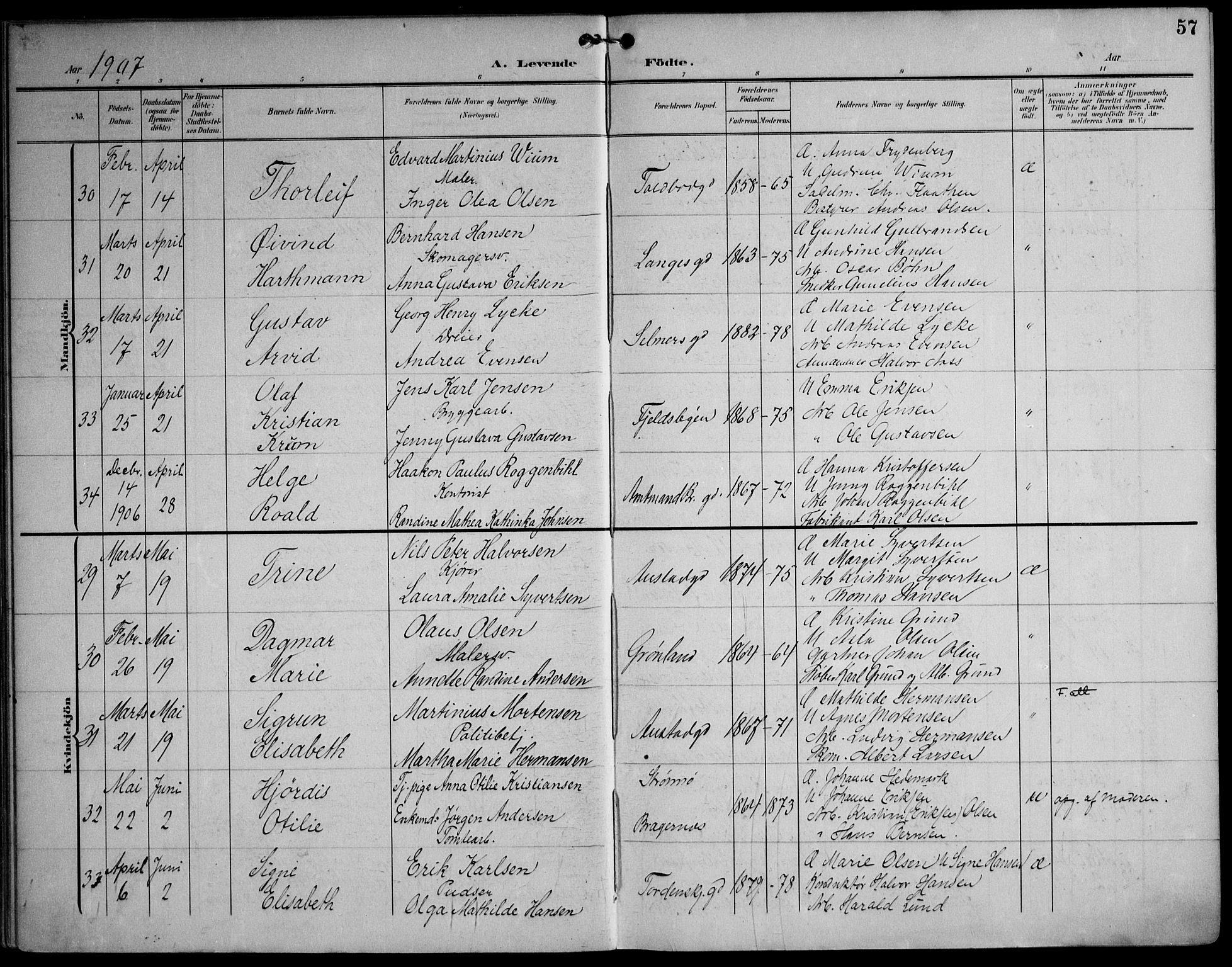 Strømsø kirkebøker, AV/SAKO-A-246/F/Fa/L0026: Parish register (official) no. I 26, 1905-1914, p. 57