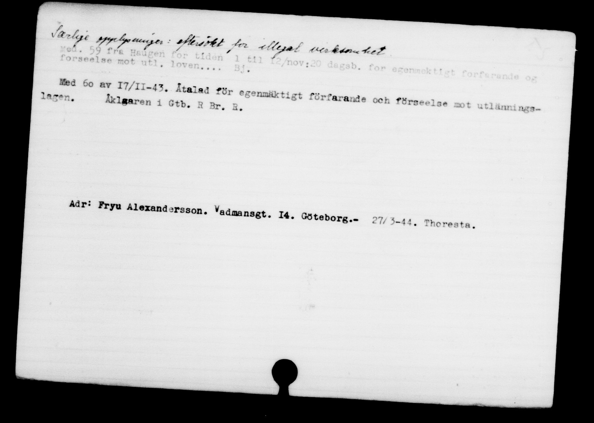 Utenriksstasjonene, Legasjonen i Stockholm, Flyktningkontoret, AV/RA-S-6753/V/Va/L0001: Kjesäterkartoteket, flyktninger med registreringsnr. 1-1000, 1940-1945, p. 1250