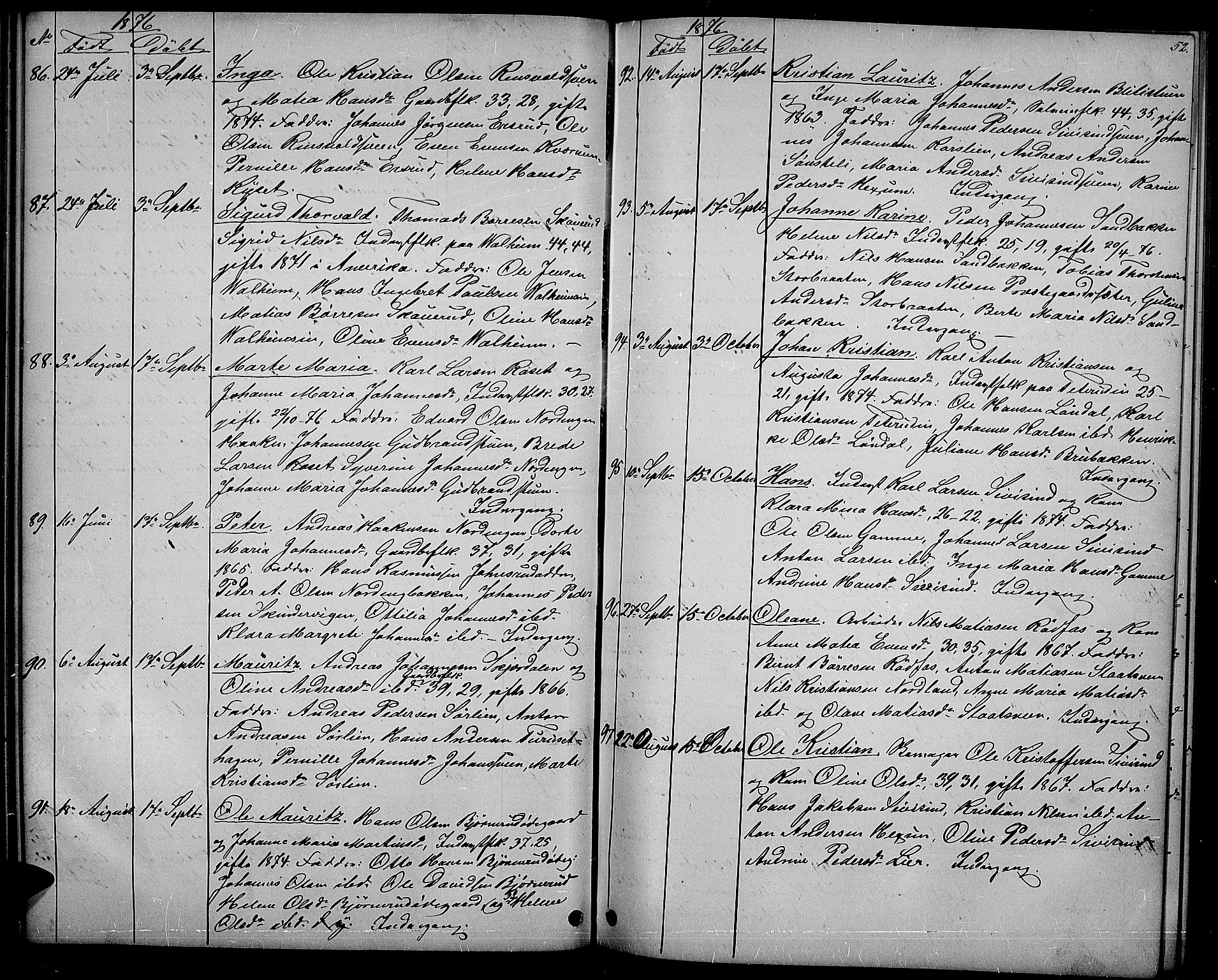 Vestre Toten prestekontor, AV/SAH-PREST-108/H/Ha/Hab/L0006: Parish register (copy) no. 6, 1870-1887, p. 52