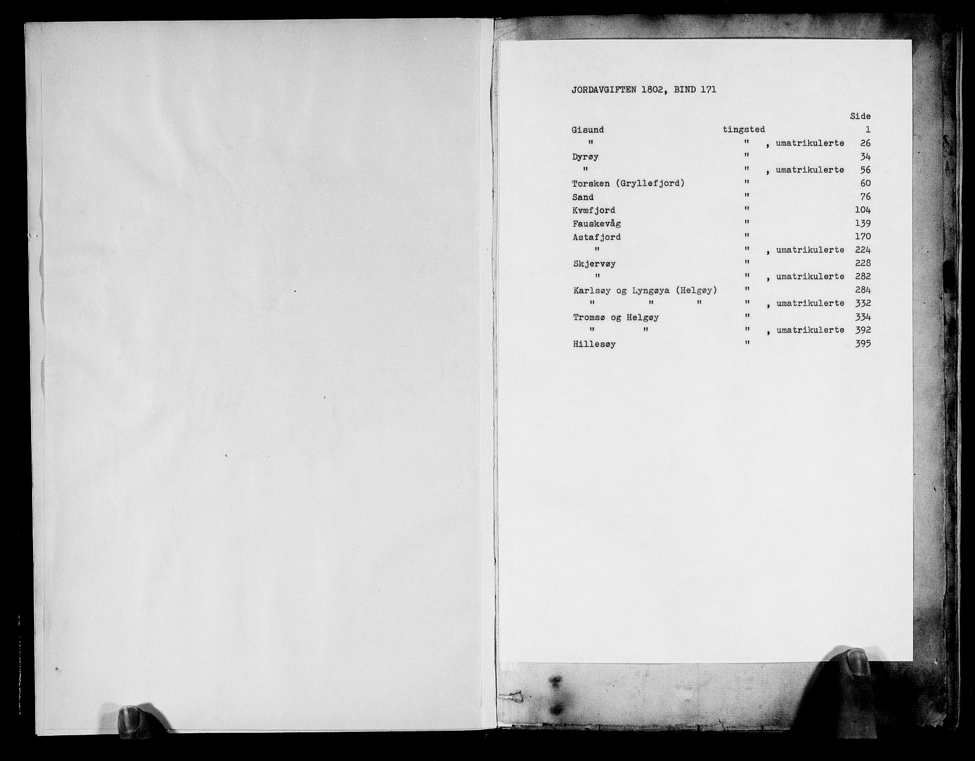 Rentekammeret inntil 1814, Realistisk ordnet avdeling, AV/RA-EA-4070/N/Ne/Nea/L0171: Senja og Tromsø fogderi. Oppebørselsregister, 1803-1804, p. 1