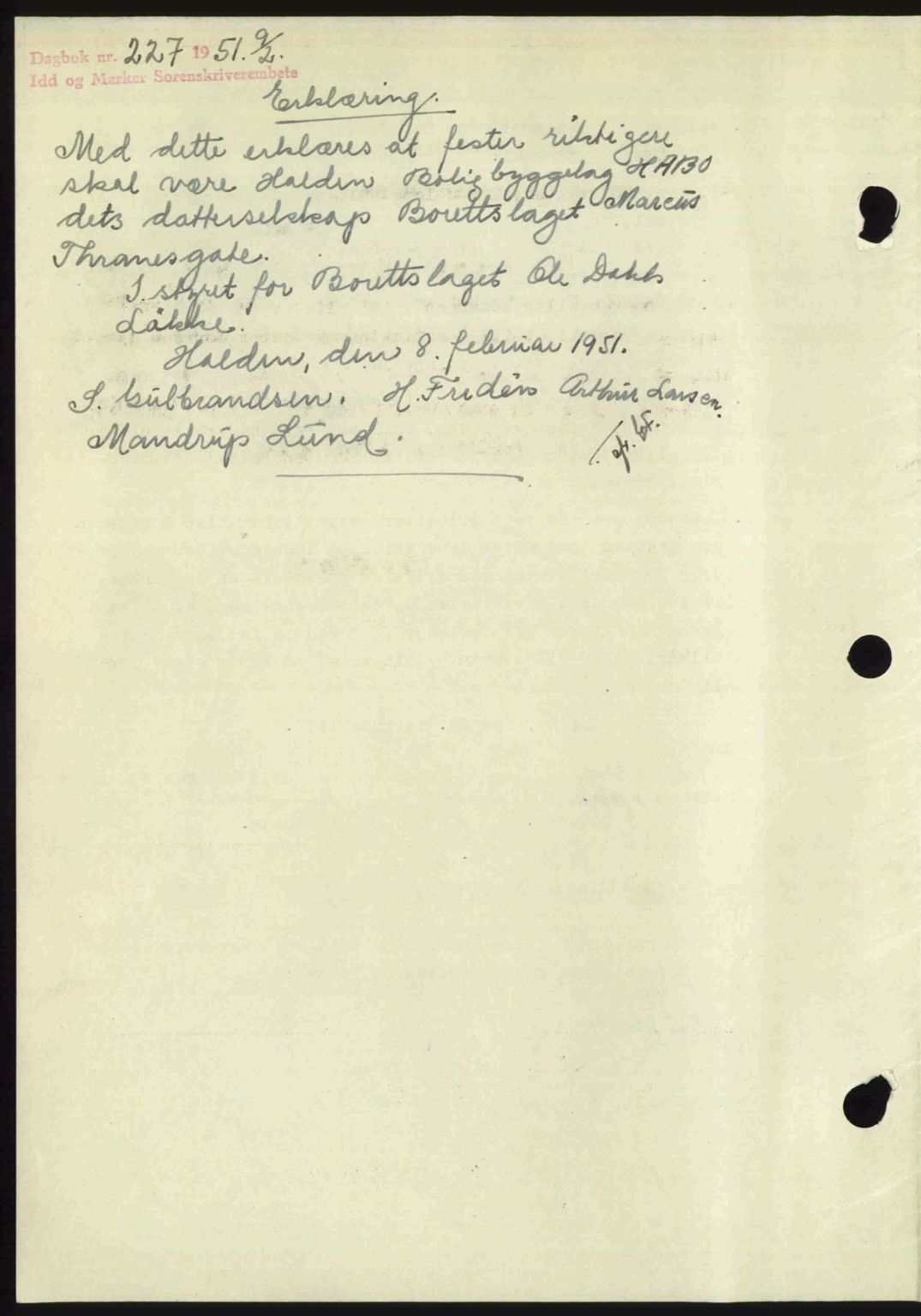 Idd og Marker sorenskriveri, AV/SAO-A-10283/G/Gb/Gbb/L0014: Mortgage book no. A14, 1950-1950, Diary no: : 227/1951