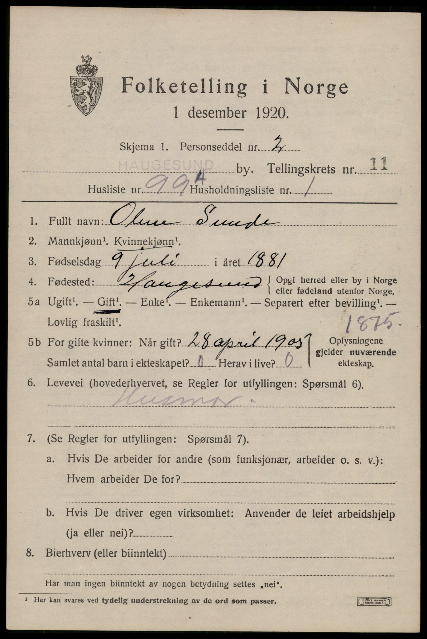 SAST, 1920 census for Haugesund, 1920, p. 37949