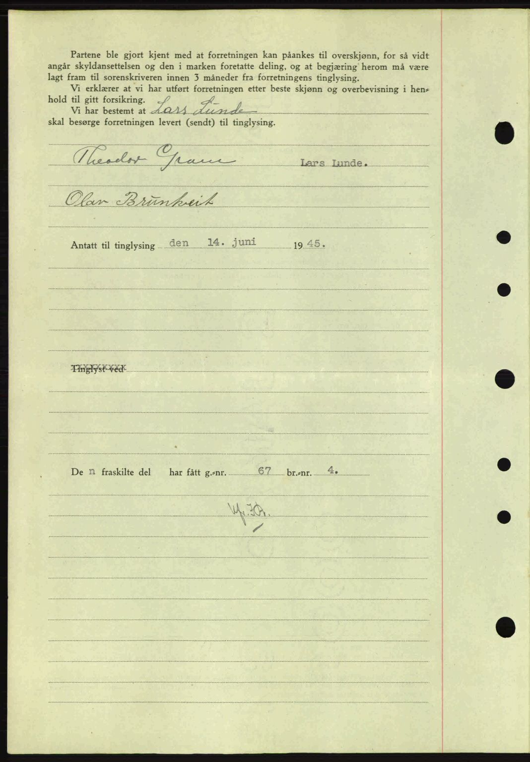 Sunnhordland sorenskrivar, AV/SAB-A-2401: Mortgage book no. A77, 1945-1945, Diary no: : 718/1945