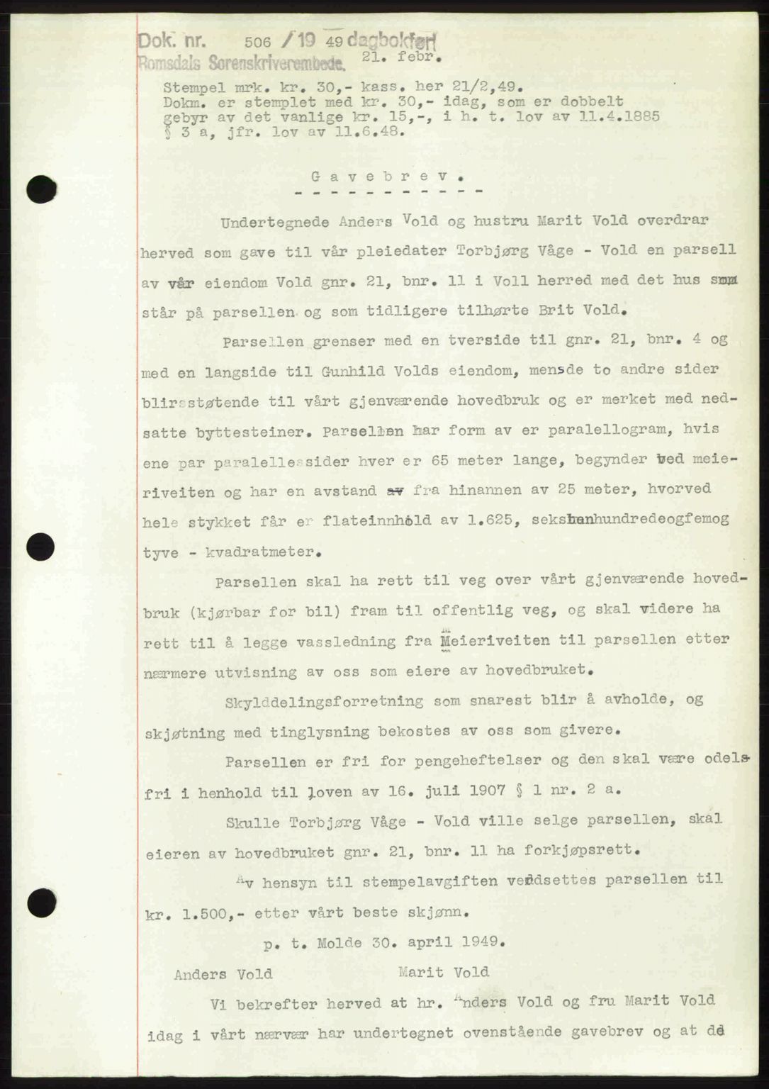 Romsdal sorenskriveri, AV/SAT-A-4149/1/2/2C: Mortgage book no. A28, 1948-1949, Diary no: : 506/1949