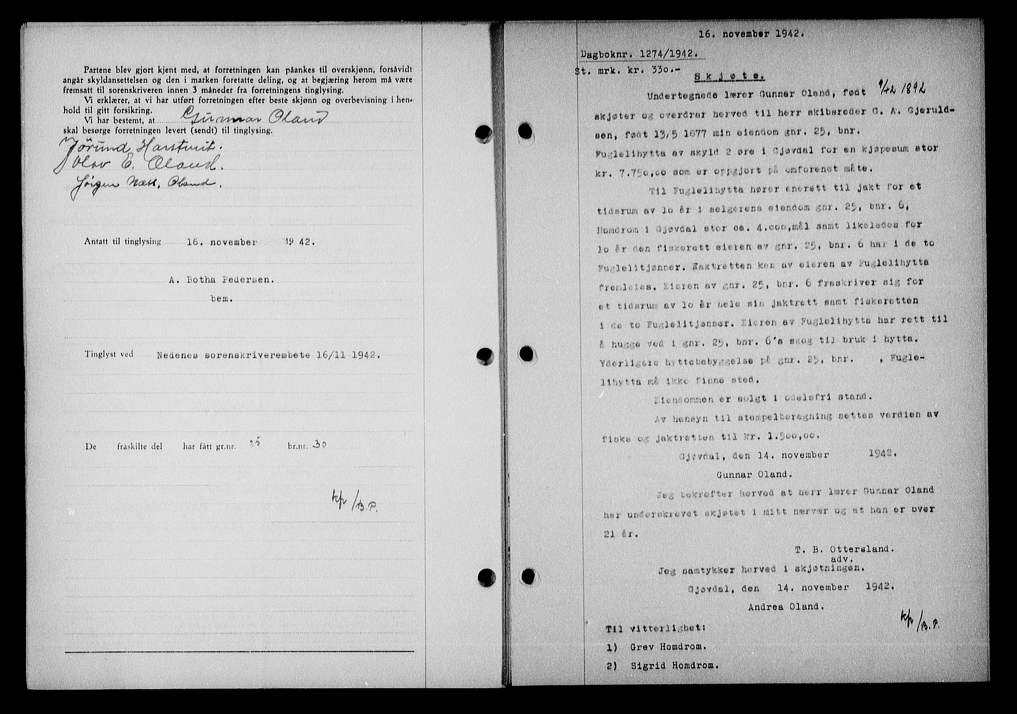 Nedenes sorenskriveri, AV/SAK-1221-0006/G/Gb/Gba/L0050: Mortgage book no. A-IV, 1942-1943, Diary no: : 1274/1942