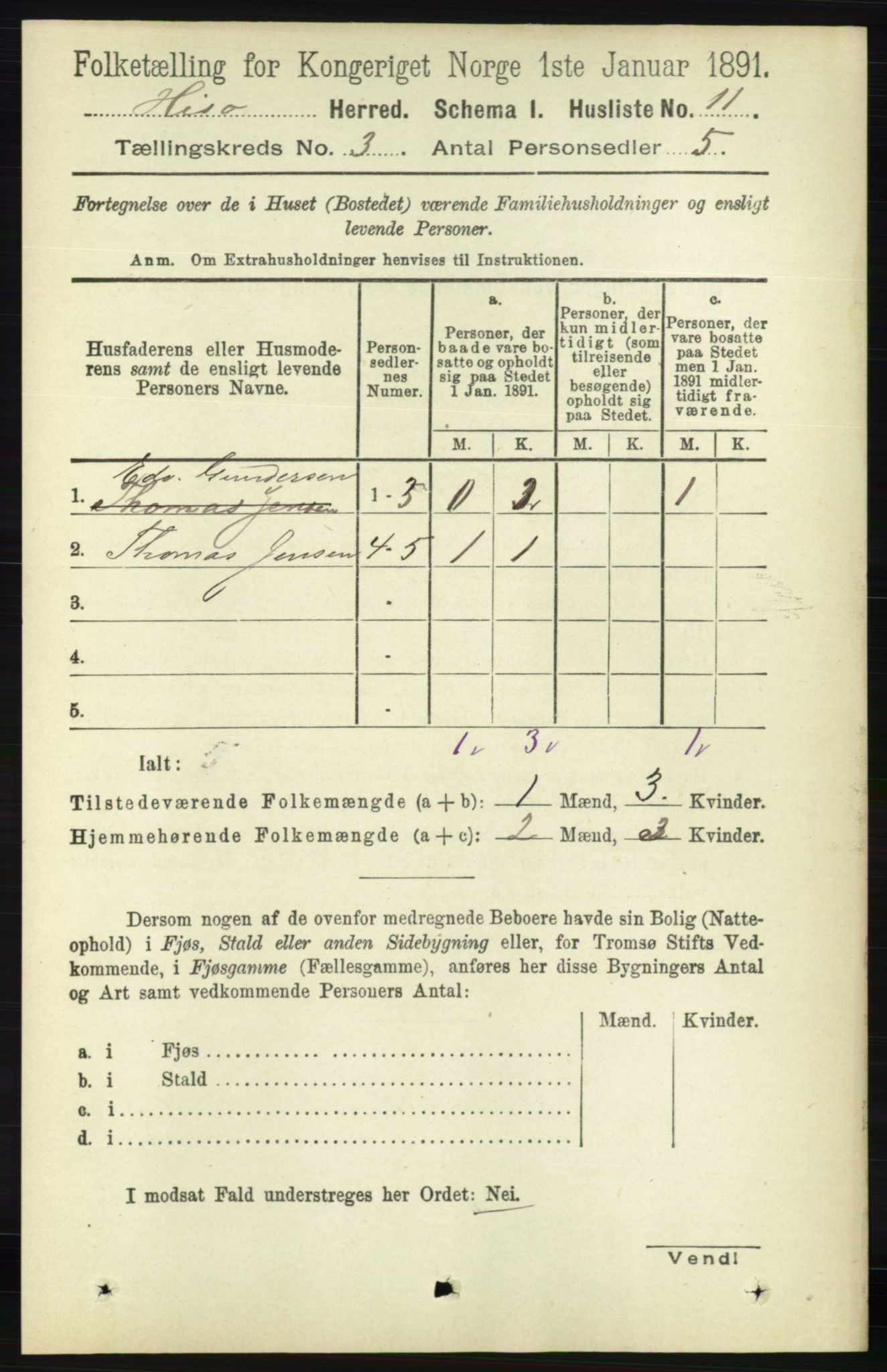 RA, 1891 census for 0922 Hisøy, 1891, p. 2088