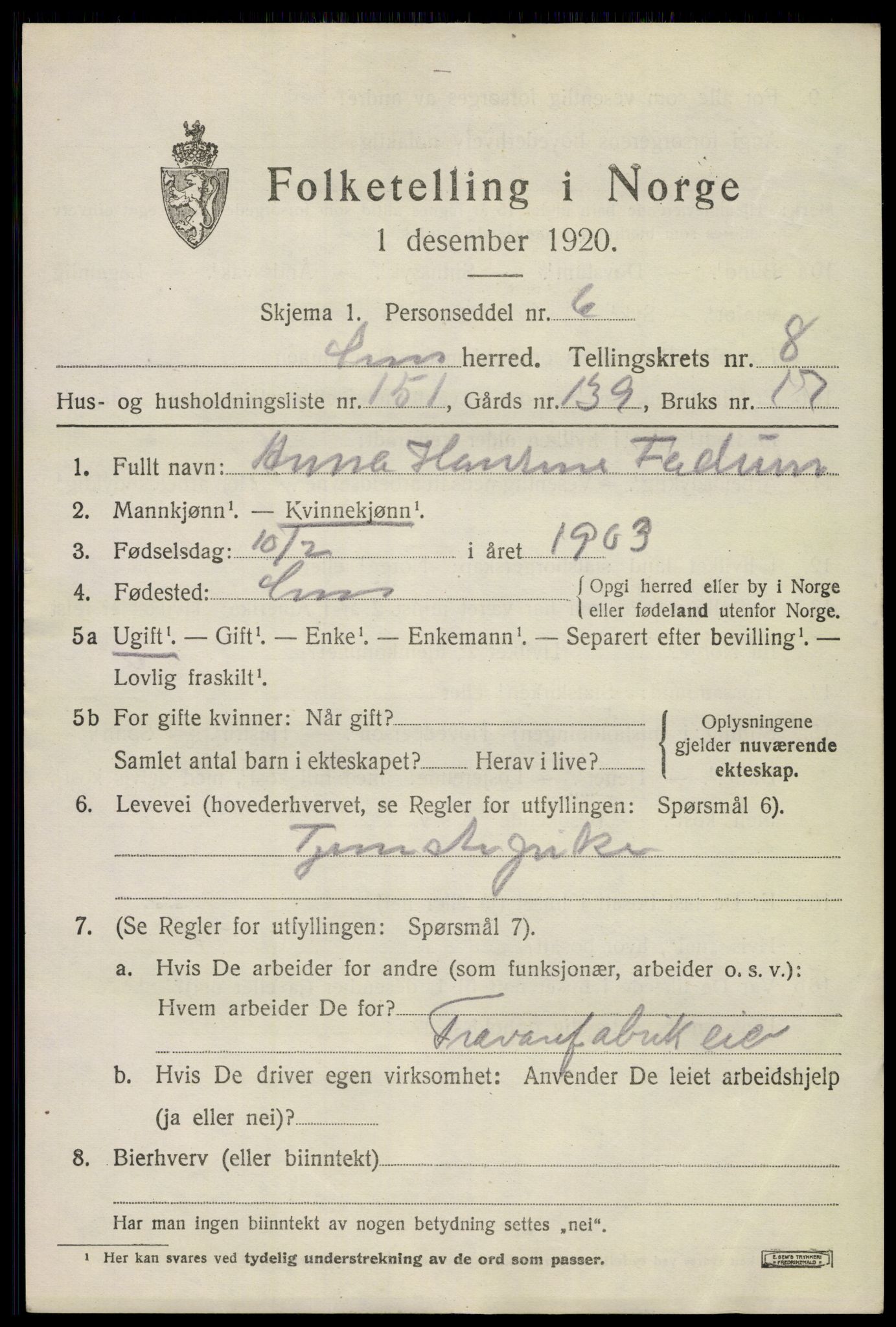 SAKO, 1920 census for Sem, 1920, p. 12549