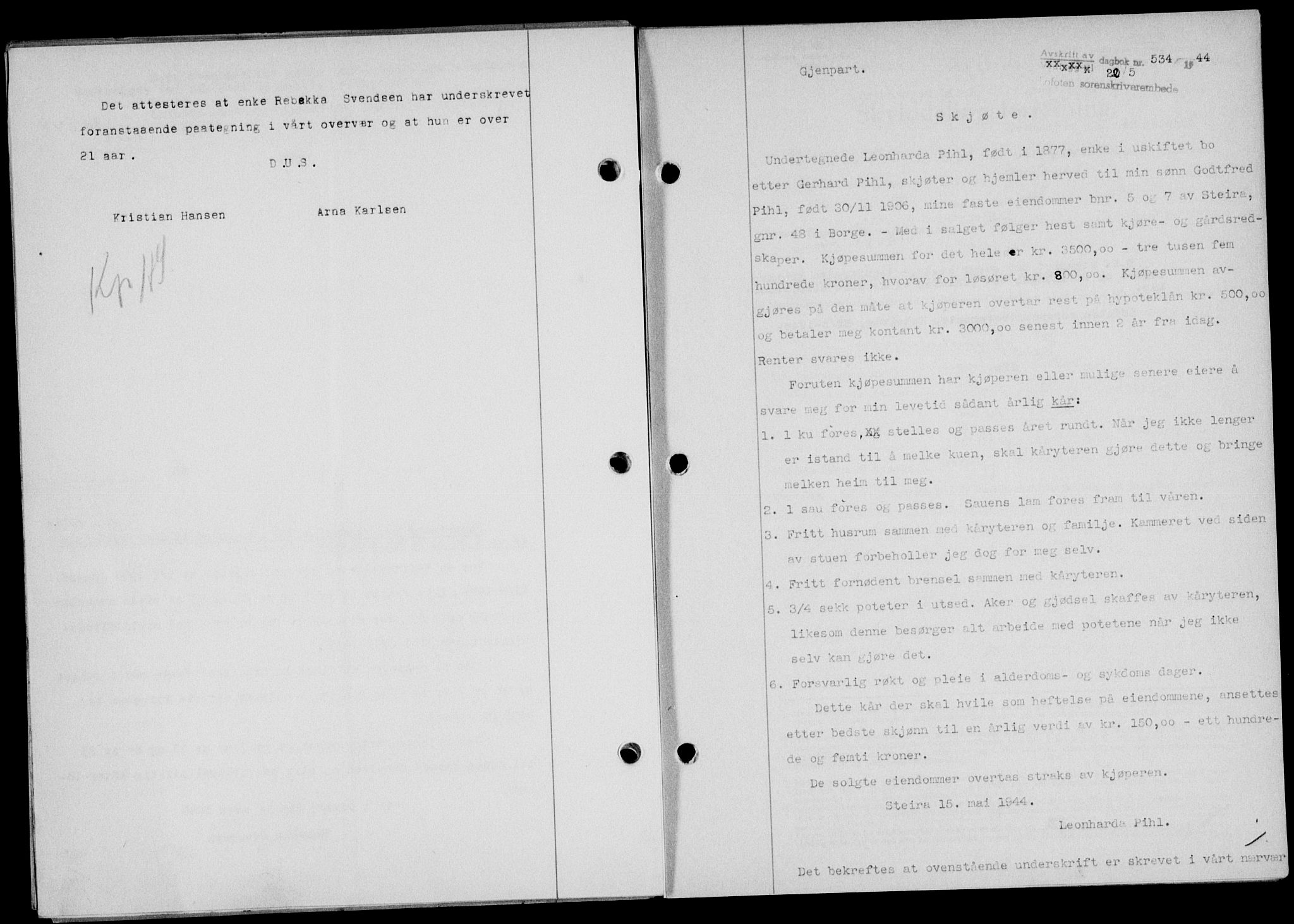 Lofoten sorenskriveri, SAT/A-0017/1/2/2C/L0012a: Mortgage book no. 12a, 1943-1944, Diary no: : 534/1944
