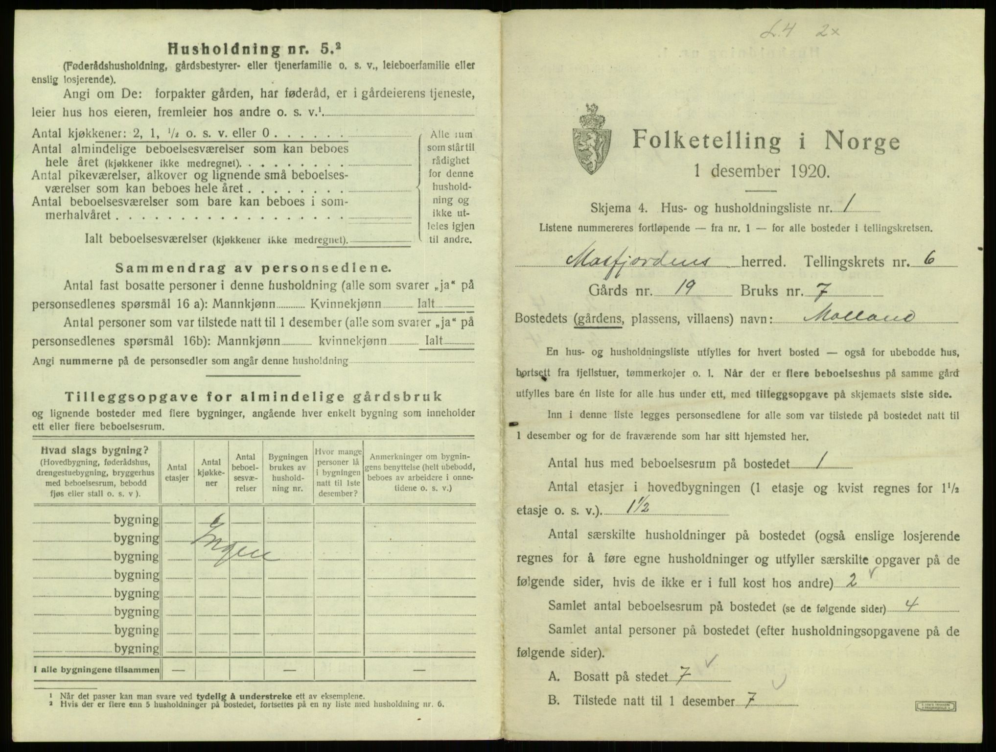 SAB, 1920 census for Masfjorden, 1920, p. 287