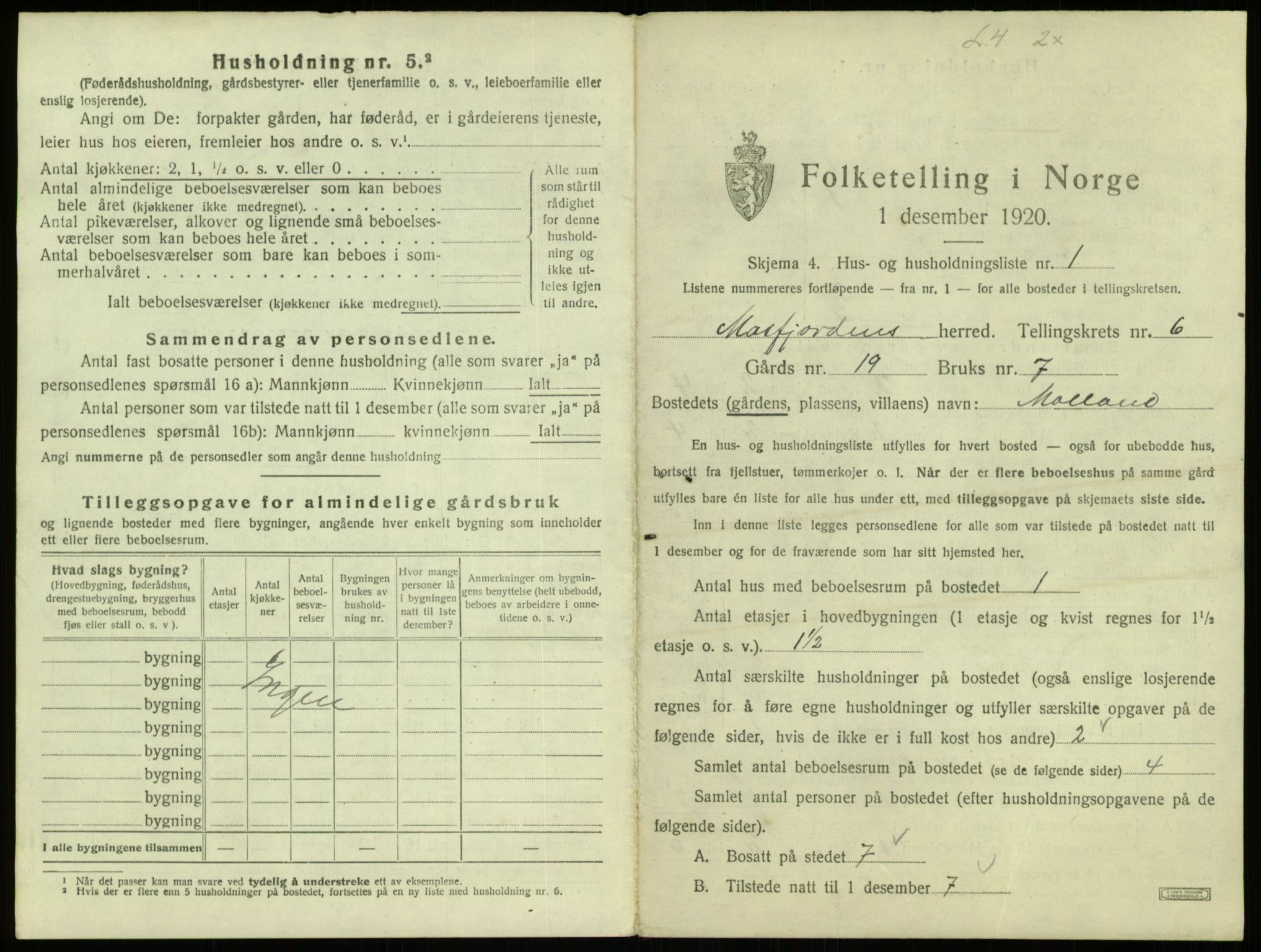 SAB, 1920 census for Masfjorden, 1920, p. 287