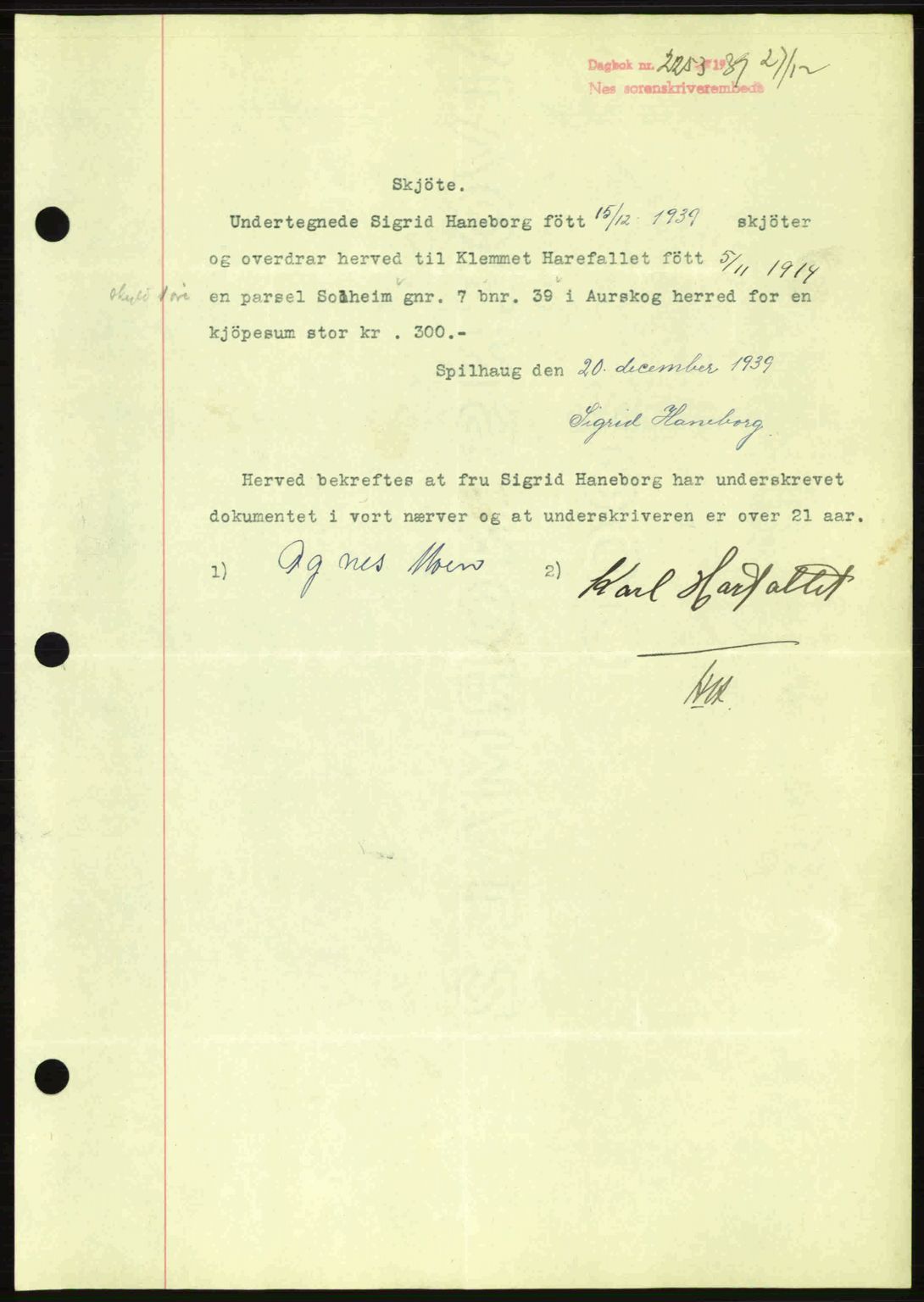 Nes tingrett, SAO/A-10548/G/Gb/Gbb/L0010: Mortgage book no. 54, 1939-1940, Diary no: : 2253/1939