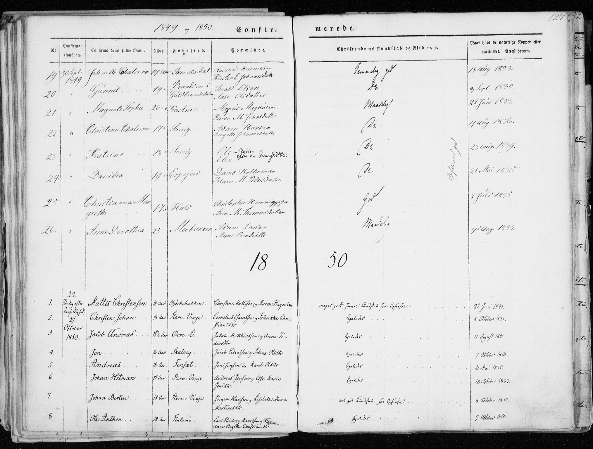 Tranøy sokneprestkontor, AV/SATØ-S-1313/I/Ia/Iaa/L0006kirke: Parish register (official) no. 6, 1844-1855, p. 127