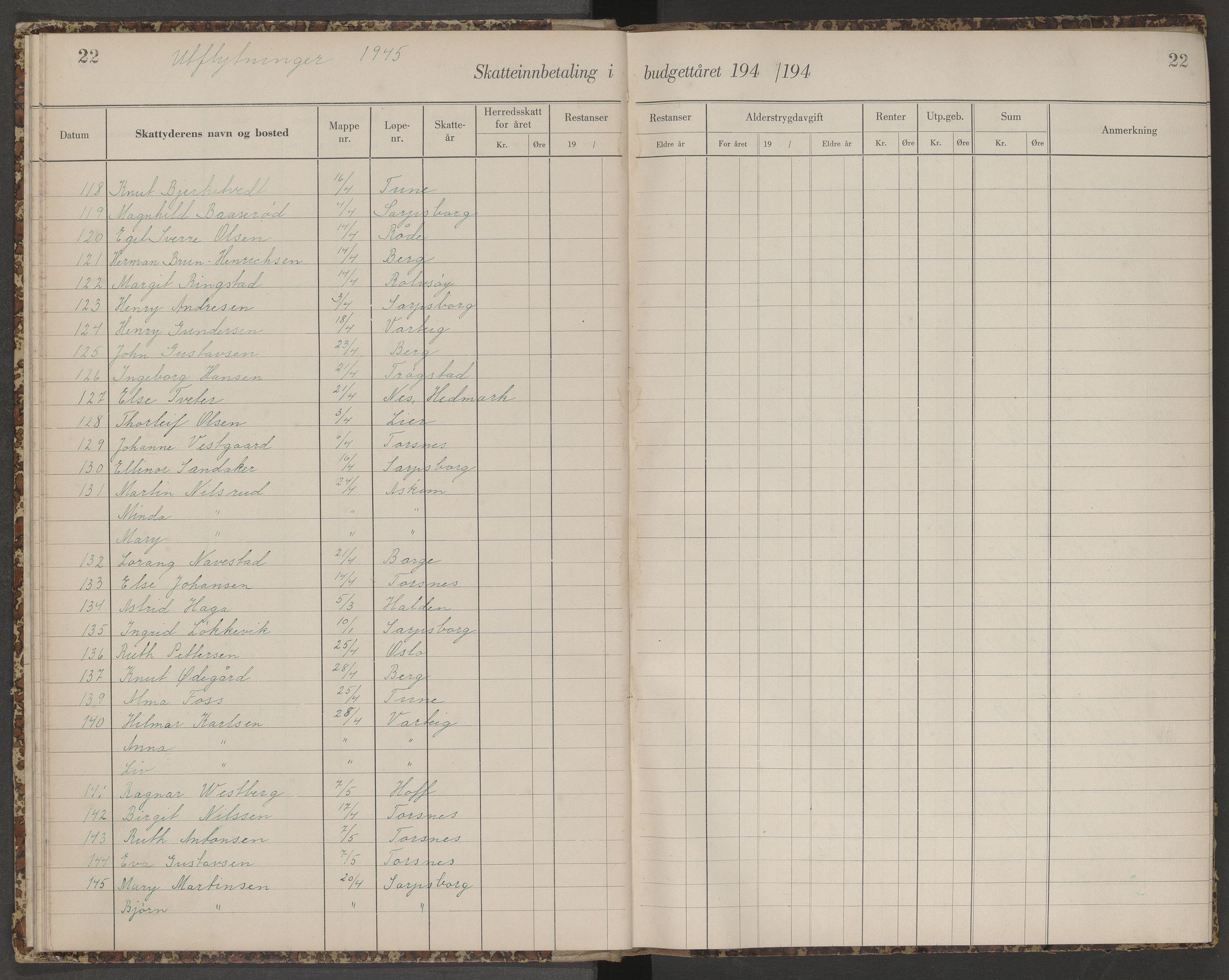 Skjeberg folkeregister, SAO/A-10495/K/Ka/L0003: Fortegnelse over inn- og utflyttede, 1943-1947, p. 22