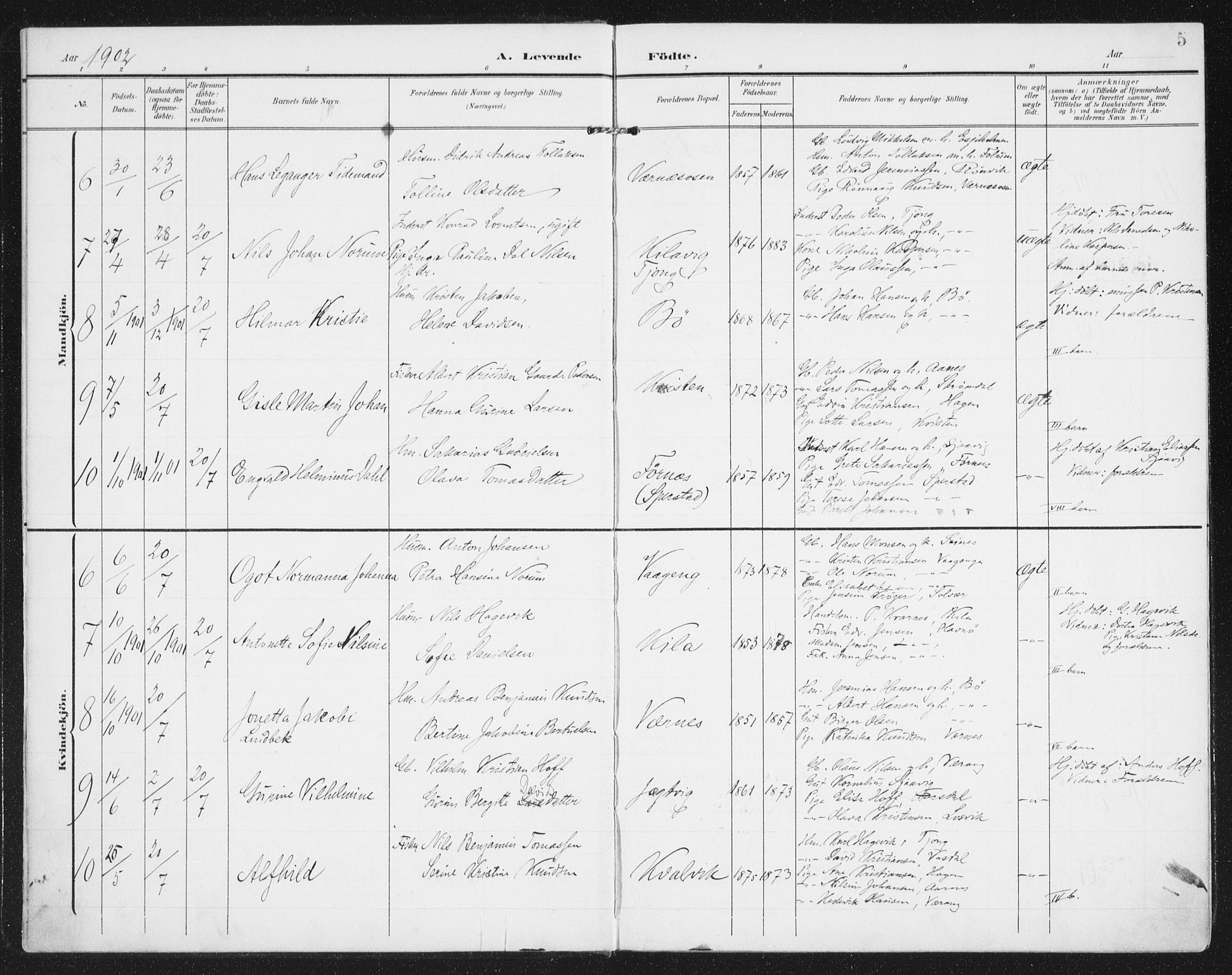 Ministerialprotokoller, klokkerbøker og fødselsregistre - Nordland, SAT/A-1459/841/L0612: Parish register (official) no. 841A15, 1902-1910, p. 5