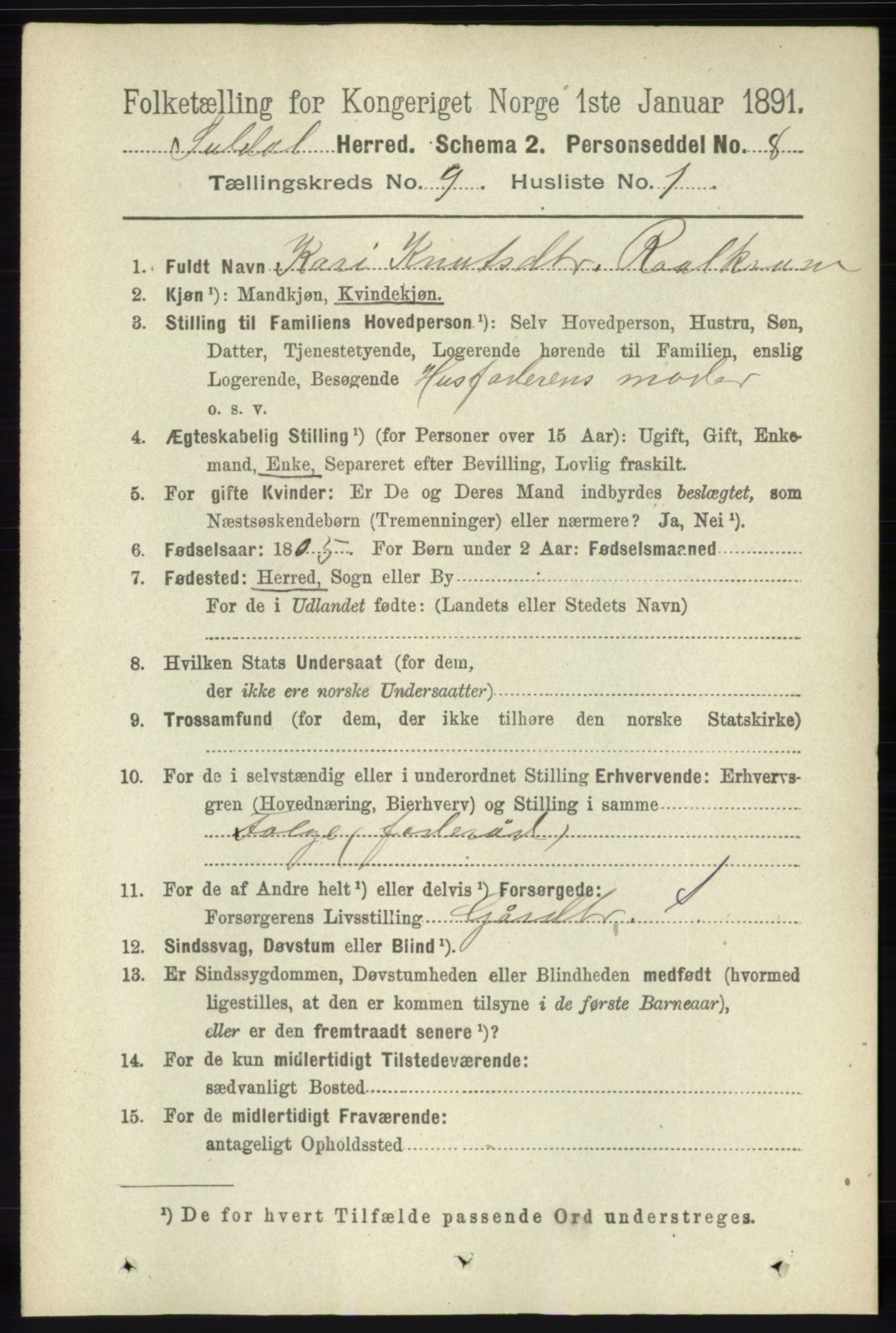 RA, 1891 census for 1134 Suldal, 1891, p. 2663