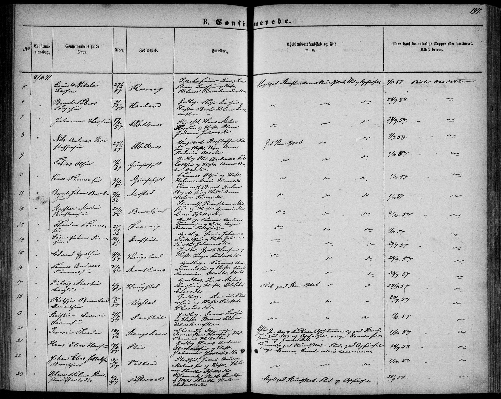 Flekkefjord sokneprestkontor, AV/SAK-1111-0012/F/Fb/Fbb/L0003: Parish register (copy) no. B 3, 1867-1889, p. 197