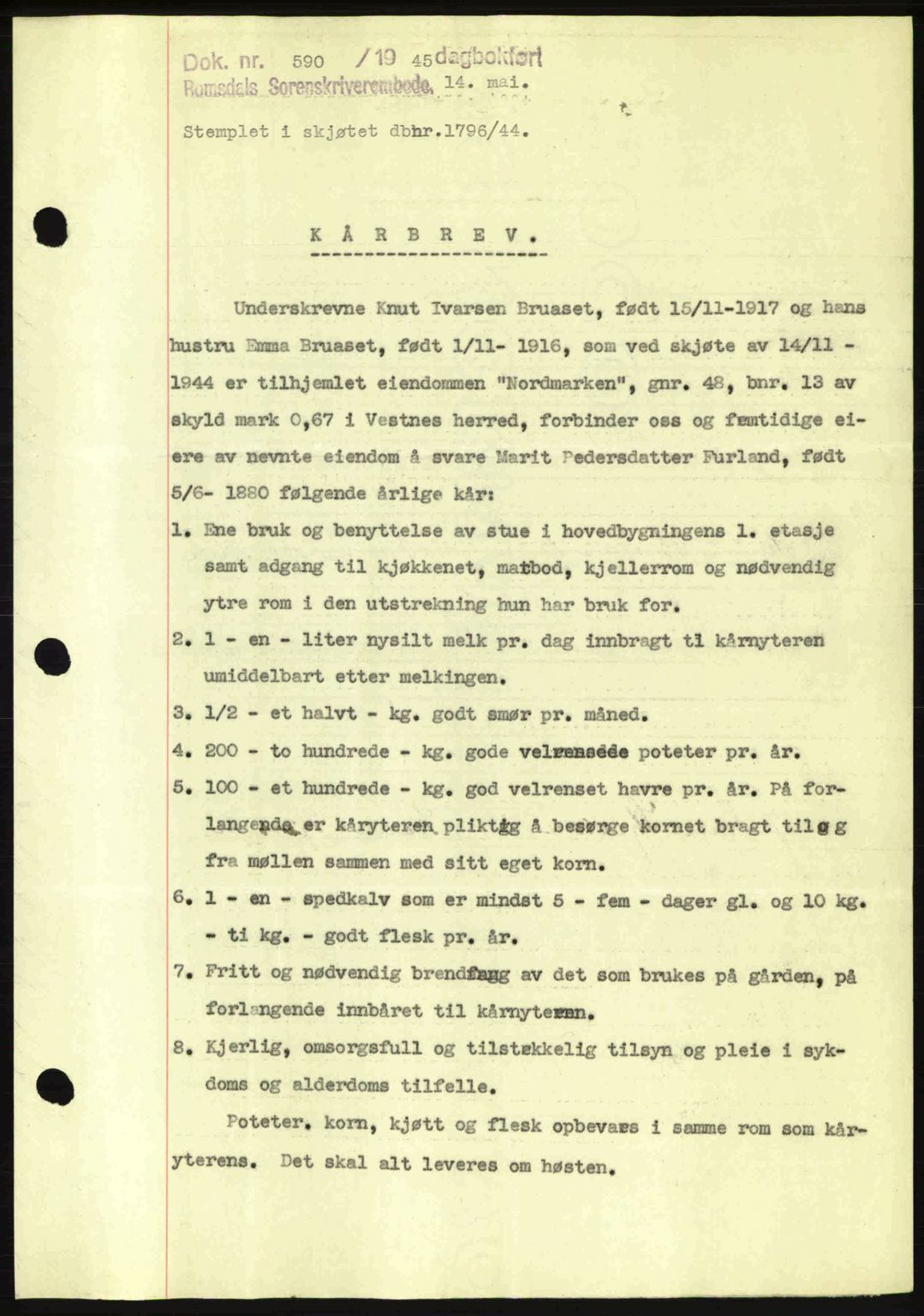 Romsdal sorenskriveri, AV/SAT-A-4149/1/2/2C: Mortgage book no. A17, 1944-1945, Diary no: : 590/1945