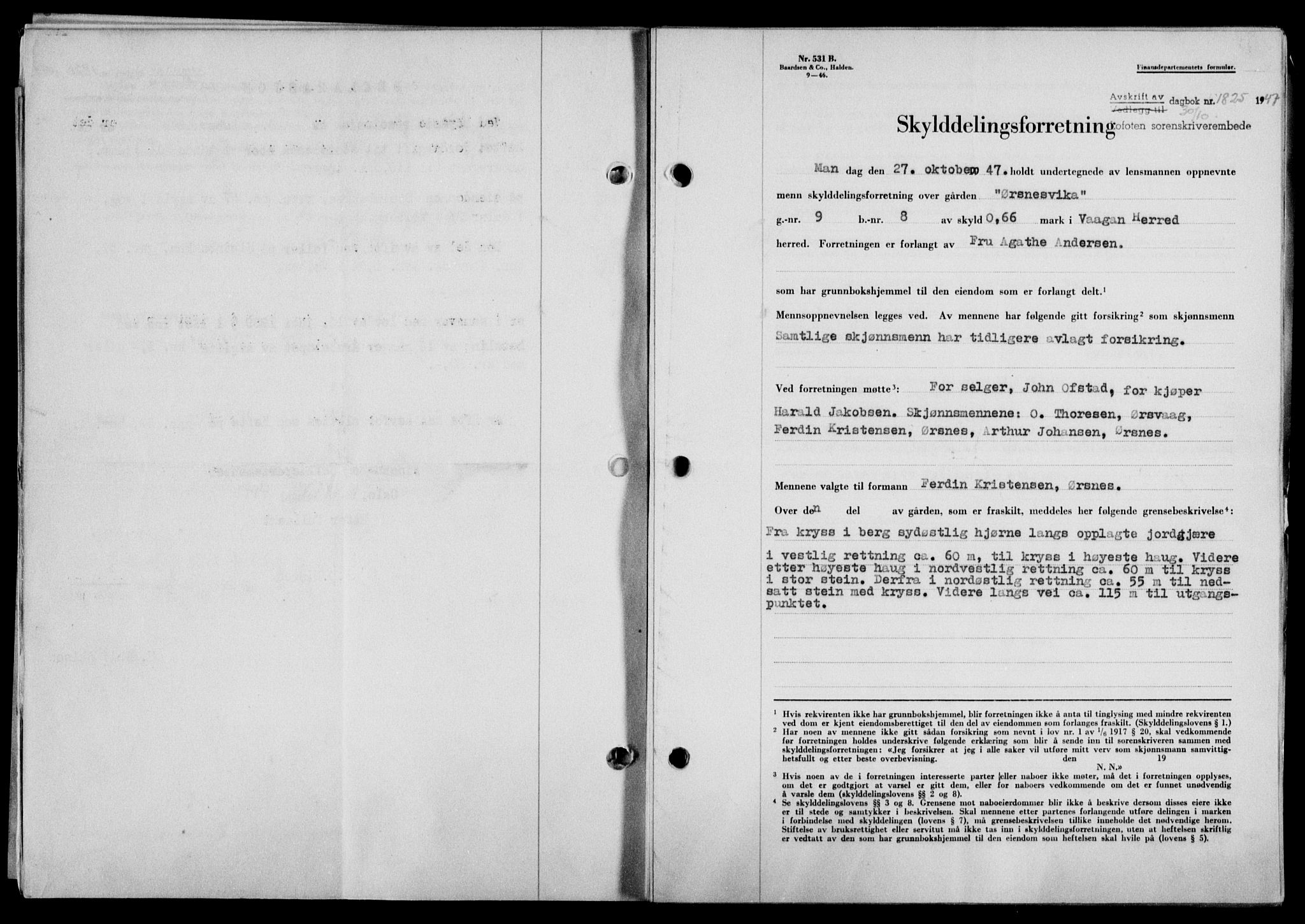 Lofoten sorenskriveri, SAT/A-0017/1/2/2C/L0017a: Mortgage book no. 17a, 1947-1948, Diary no: : 1825/1947