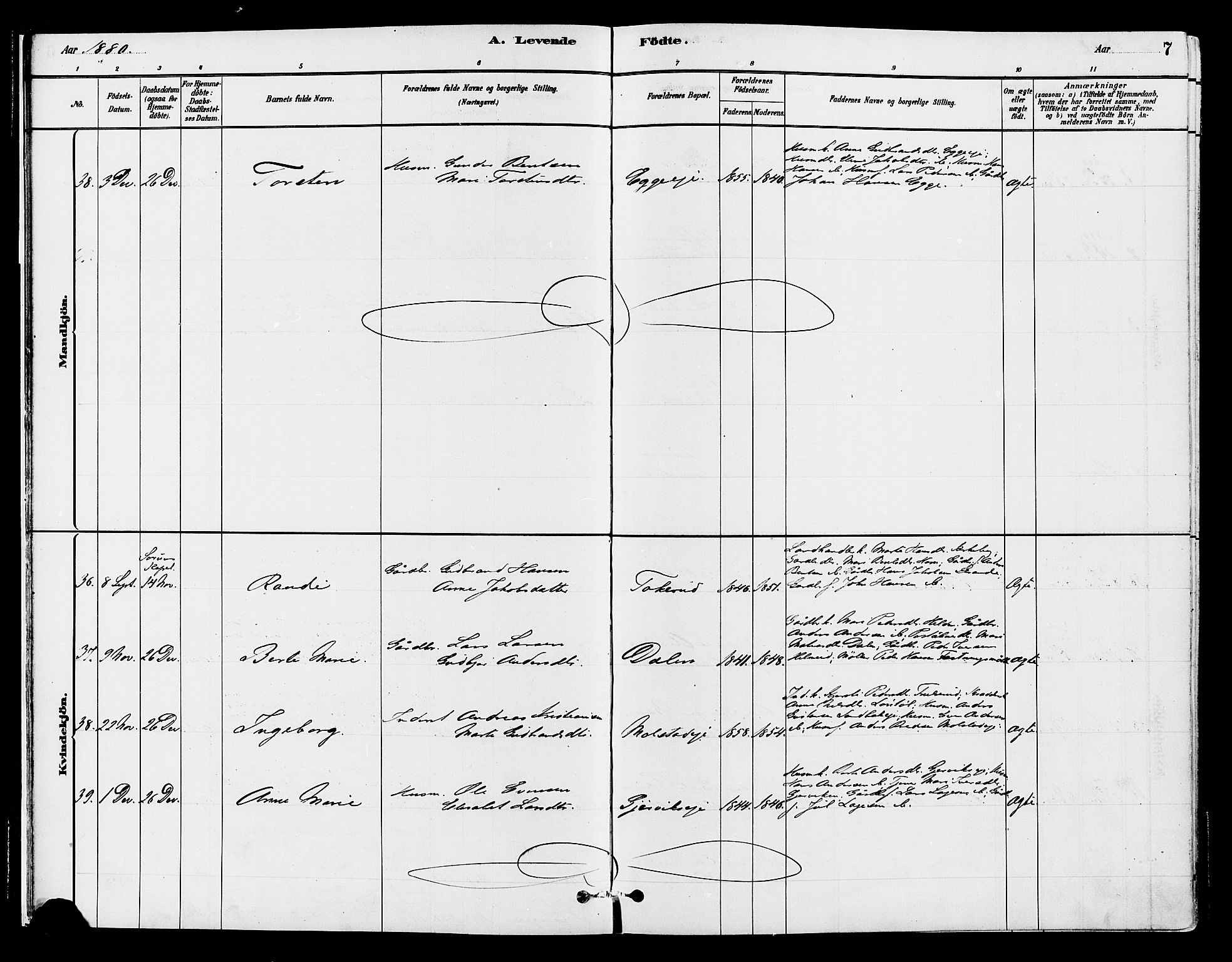 Gran prestekontor, SAH/PREST-112/H/Ha/Haa/L0015: Parish register (official) no. 15, 1880-1888, p. 7