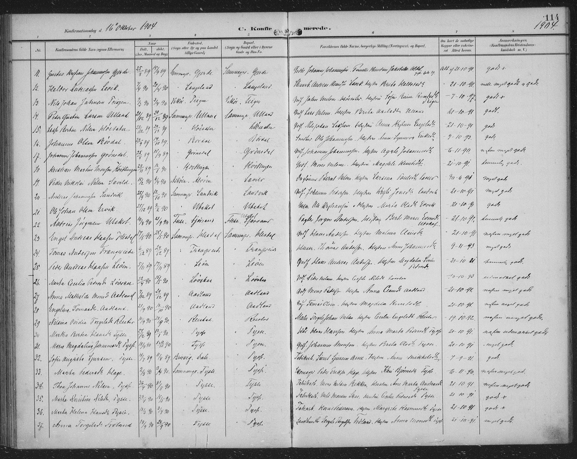 Samnanger Sokneprestembete, AV/SAB-A-77501/H/Haa: Parish register (official) no. A 2, 1902-1918, p. 114