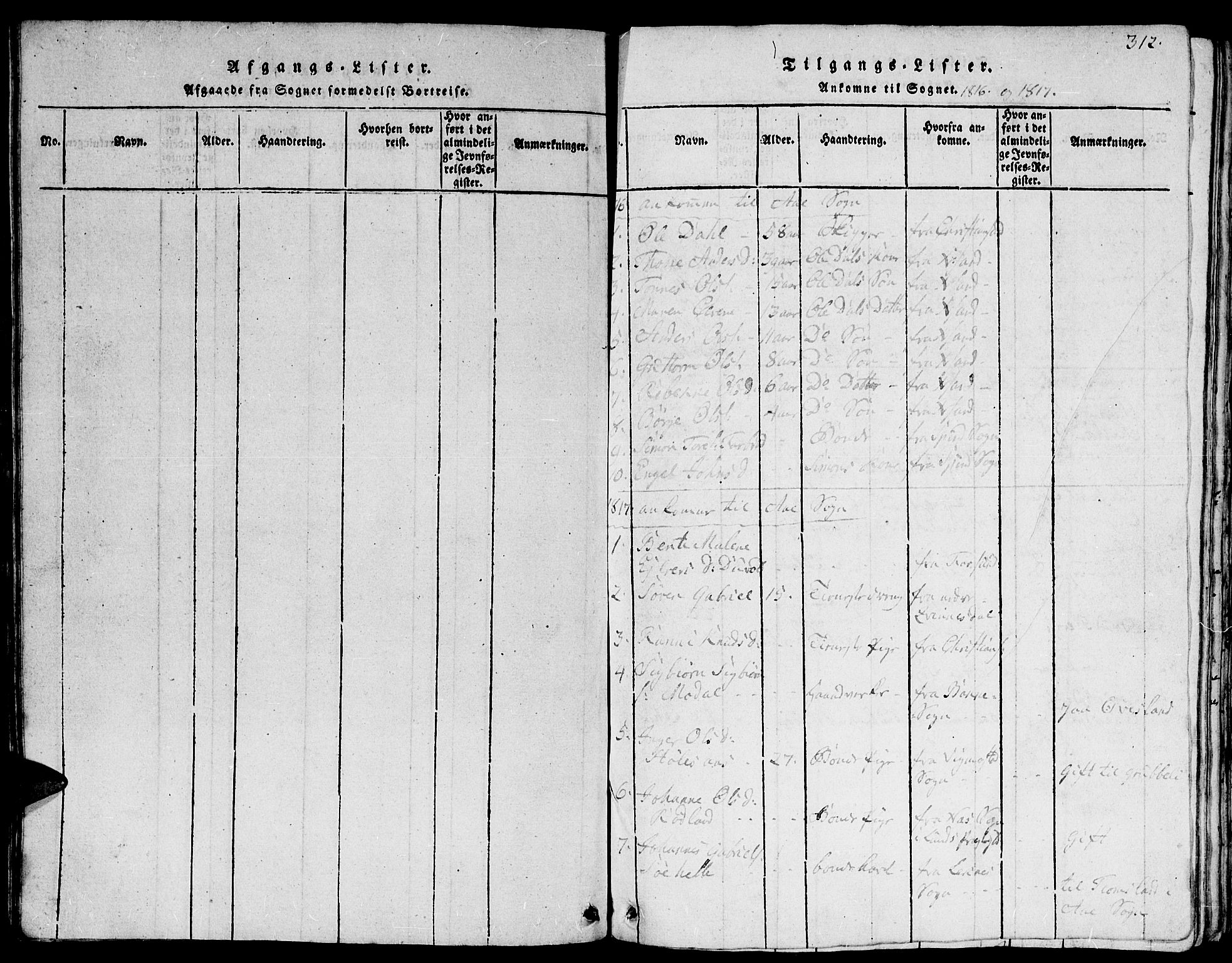 Lyngdal sokneprestkontor, SAK/1111-0029/F/Fb/Fbc/L0001: Parish register (copy) no. B 1, 1815-1844, p. 312