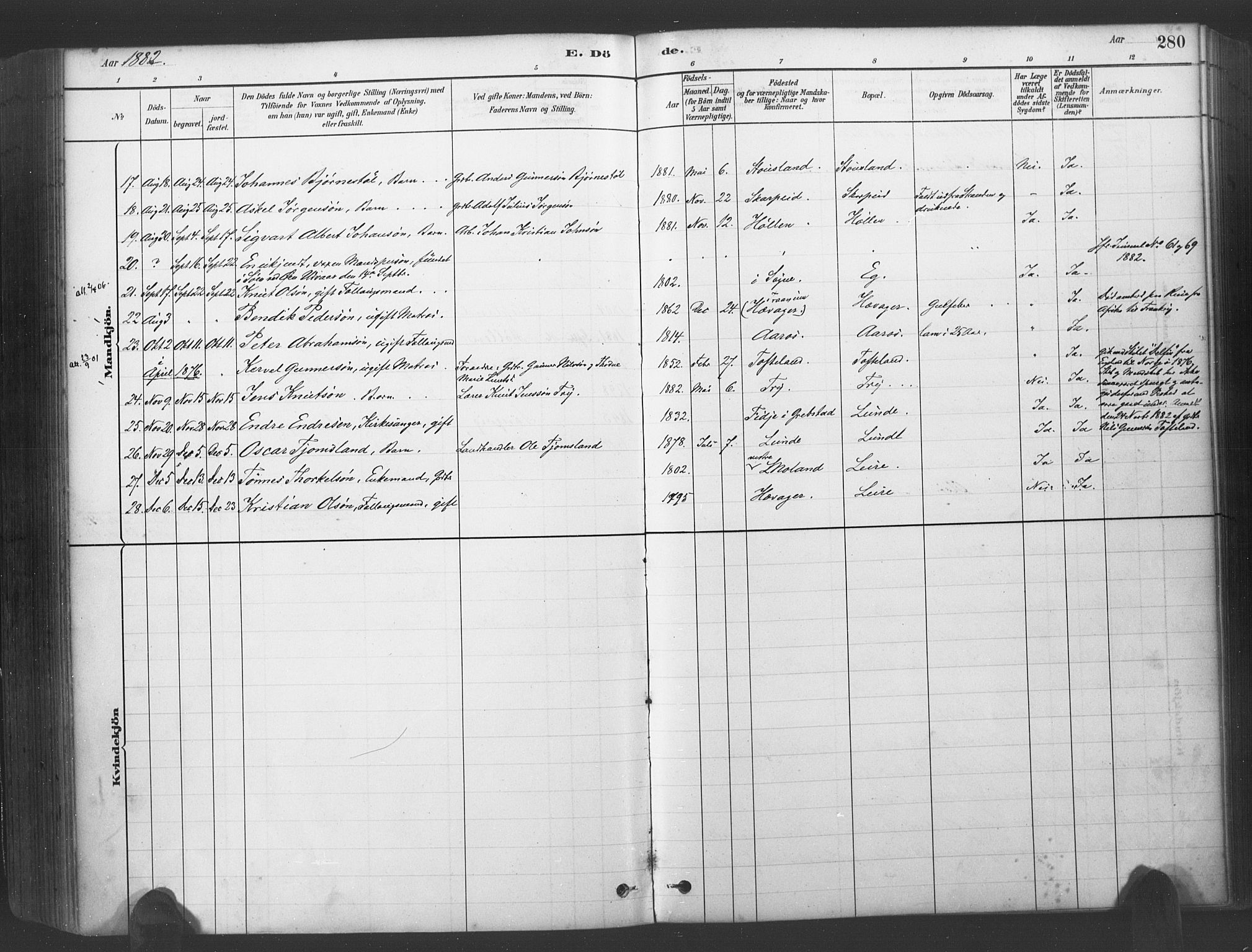 Søgne sokneprestkontor, SAK/1111-0037/F/Fa/Fab/L0012: Parish register (official) no. A 12, 1880-1891, p. 280