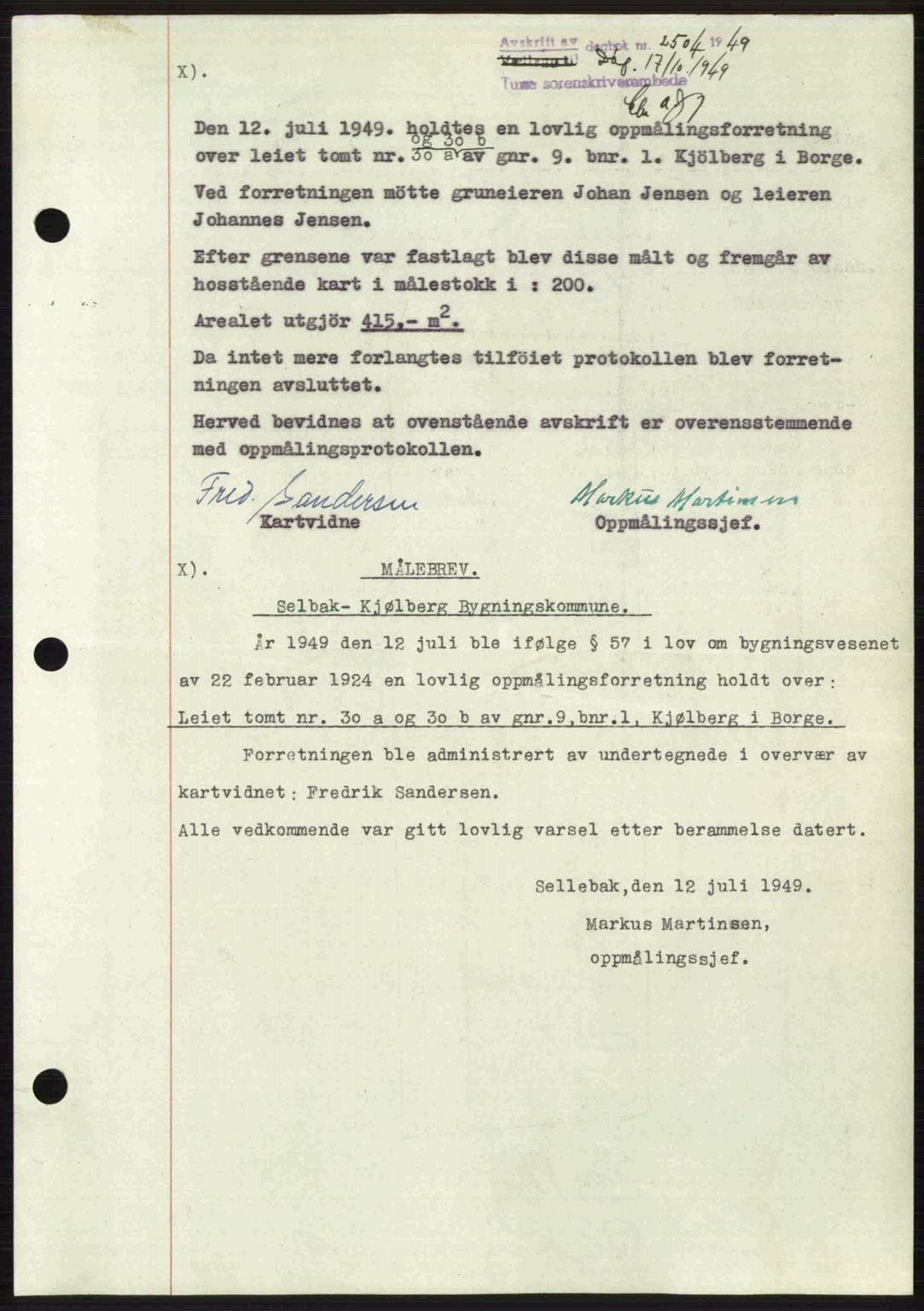 Tune sorenskriveri, AV/SAO-A-10470/G/Gb/Gbg/Gbga/L0004: Mortgage book no. A16-20, 1948-1950, Diary no: : 2504/1949