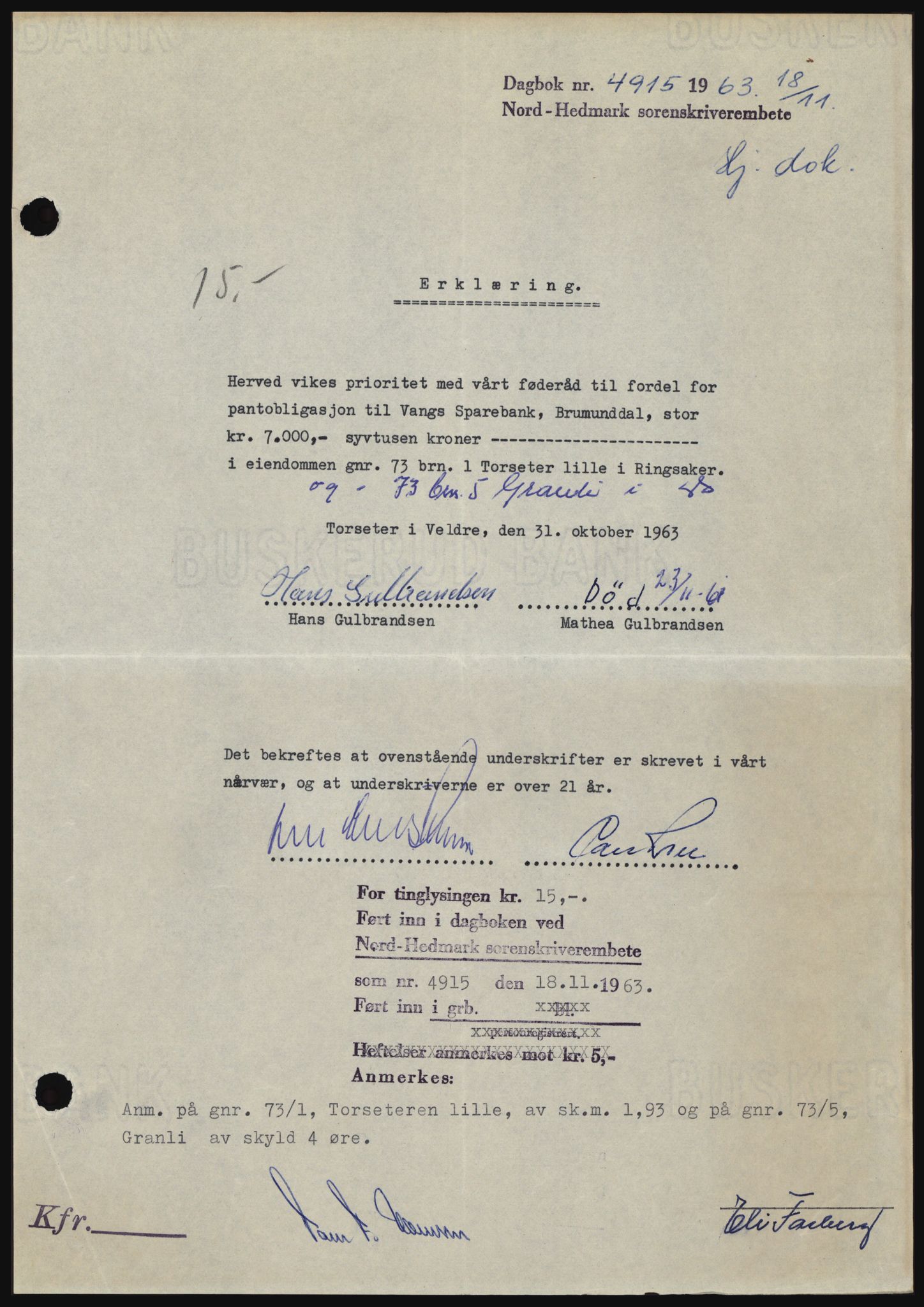 Nord-Hedmark sorenskriveri, SAH/TING-012/H/Hc/L0019: Mortgage book no. 19, 1963-1964, Diary no: : 4915/1963