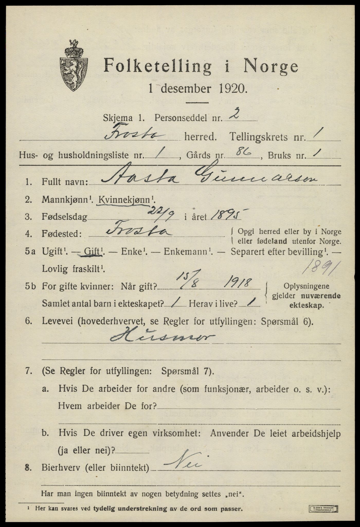 SAT, 1920 census for Frosta, 1920, p. 1020