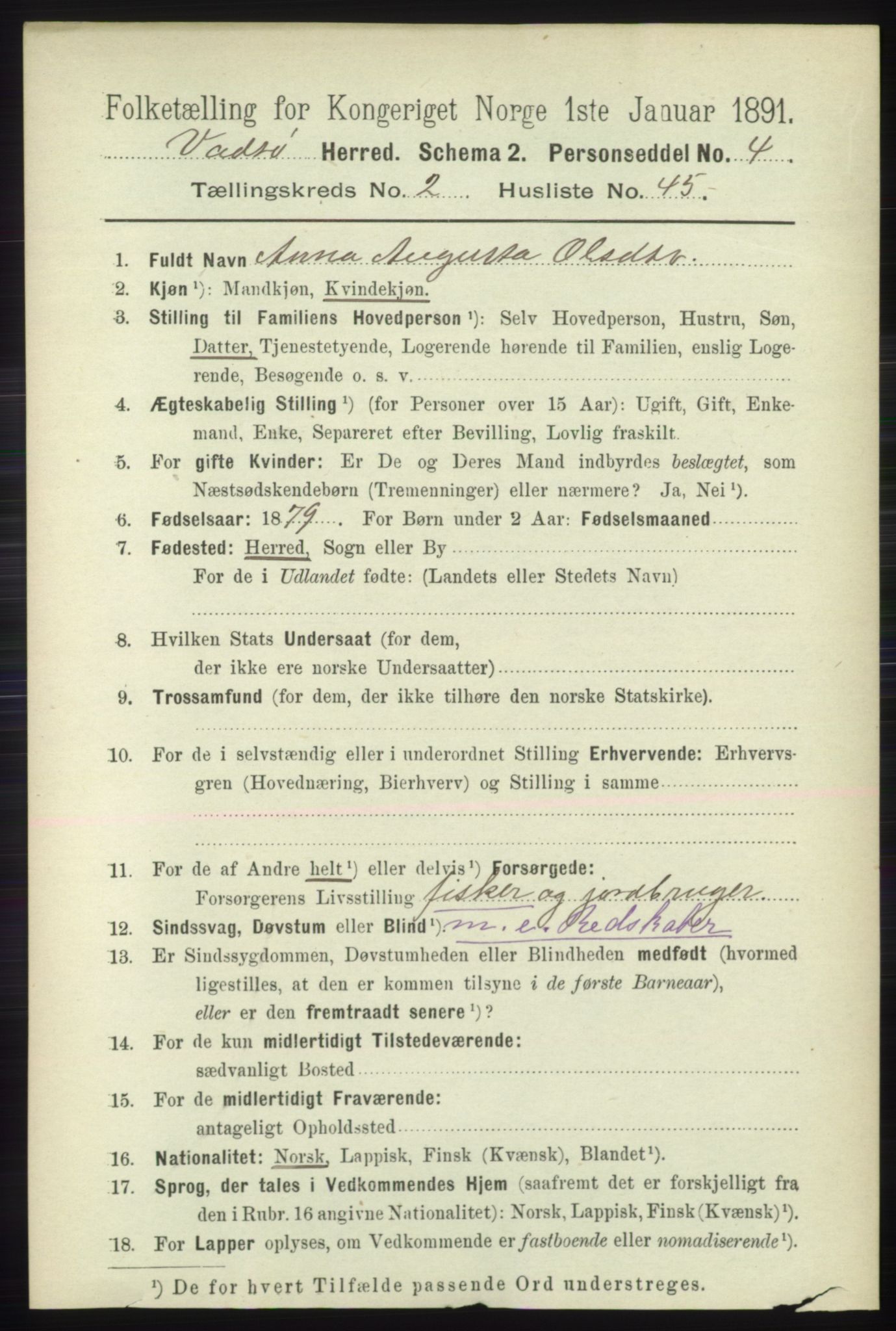 RA, 1891 census for 2029 Vadsø, 1891, p. 745