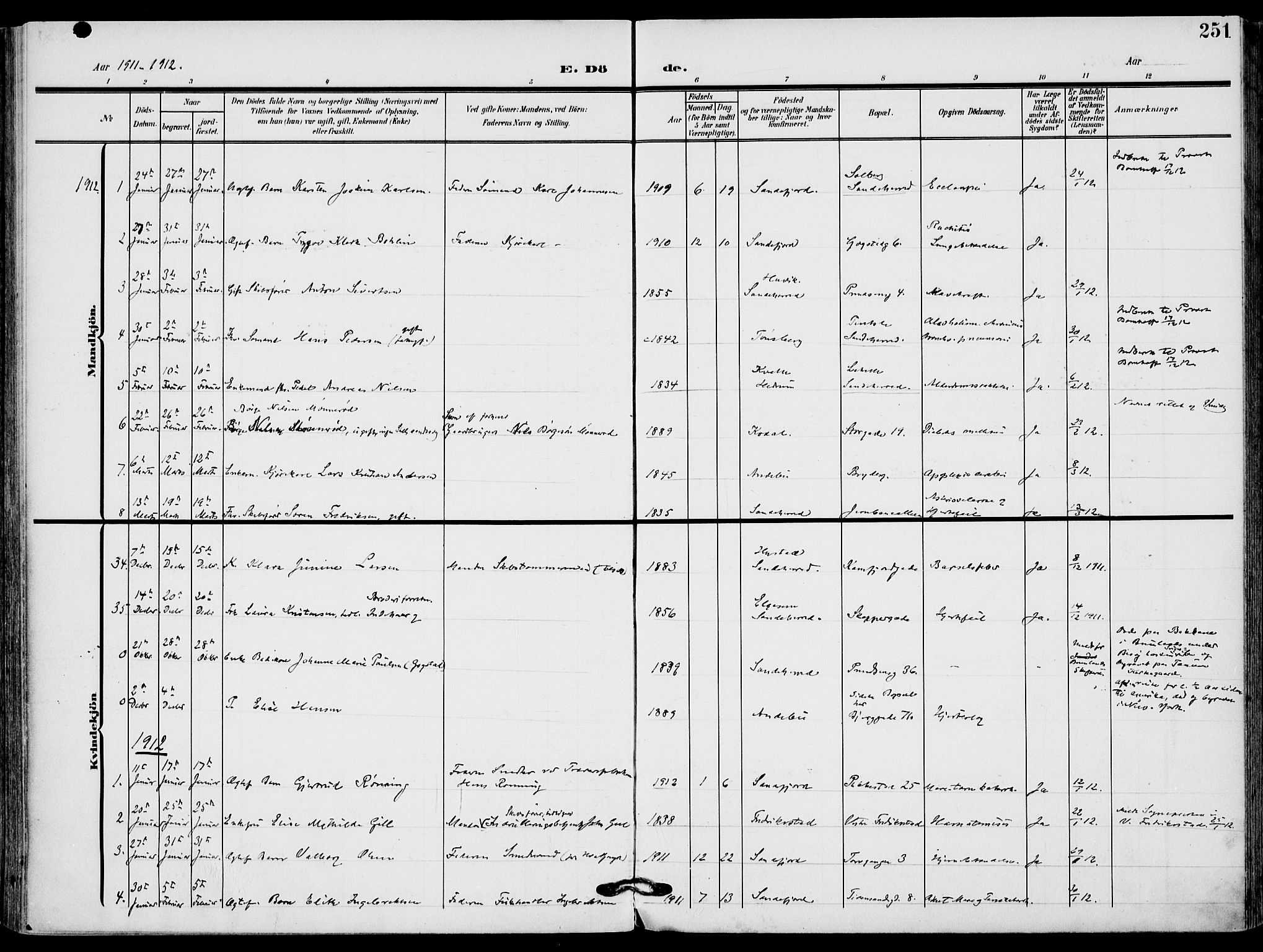 Sandefjord kirkebøker, AV/SAKO-A-315/F/Fa/L0005: Parish register (official) no. 5, 1906-1915, p. 251