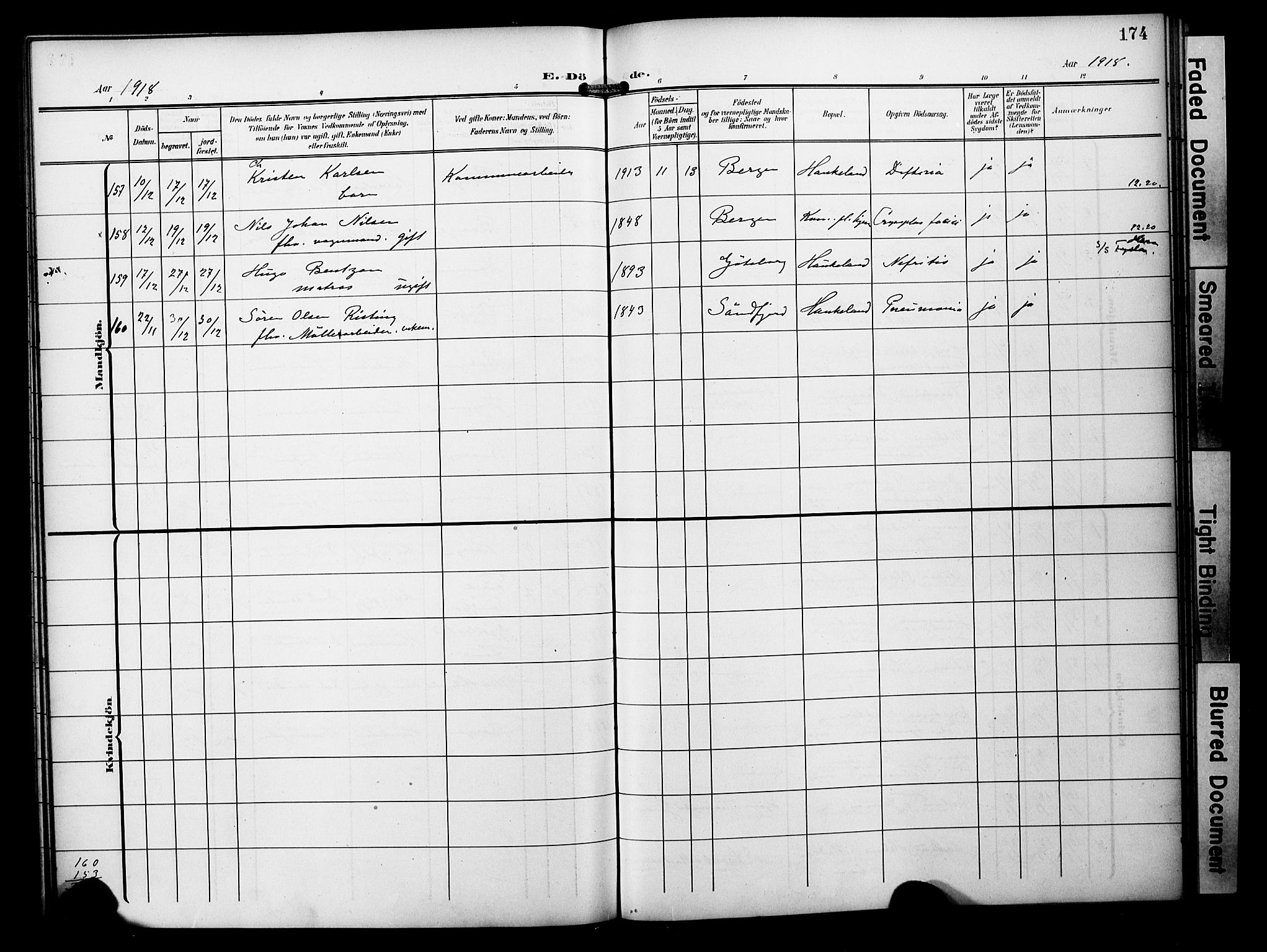 Bergen kommunale pleiehjem - stiftelsespresten, AV/SAB-A-100281: Parish register (official) no. A 6, 1908-1920, p. 174