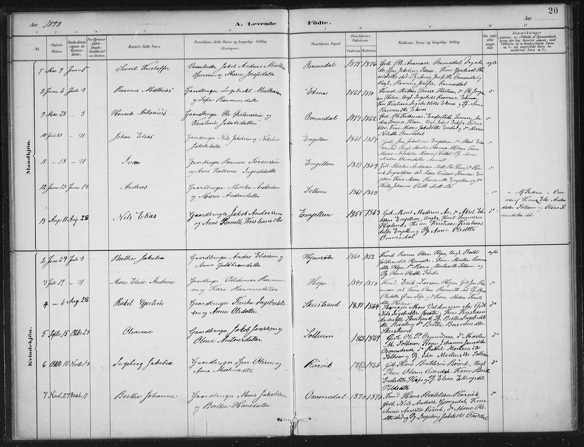 Gloppen sokneprestembete, AV/SAB-A-80101/H/Haa/Haae/L0001: Parish register (official) no. E  1, 1885-1904, p. 20