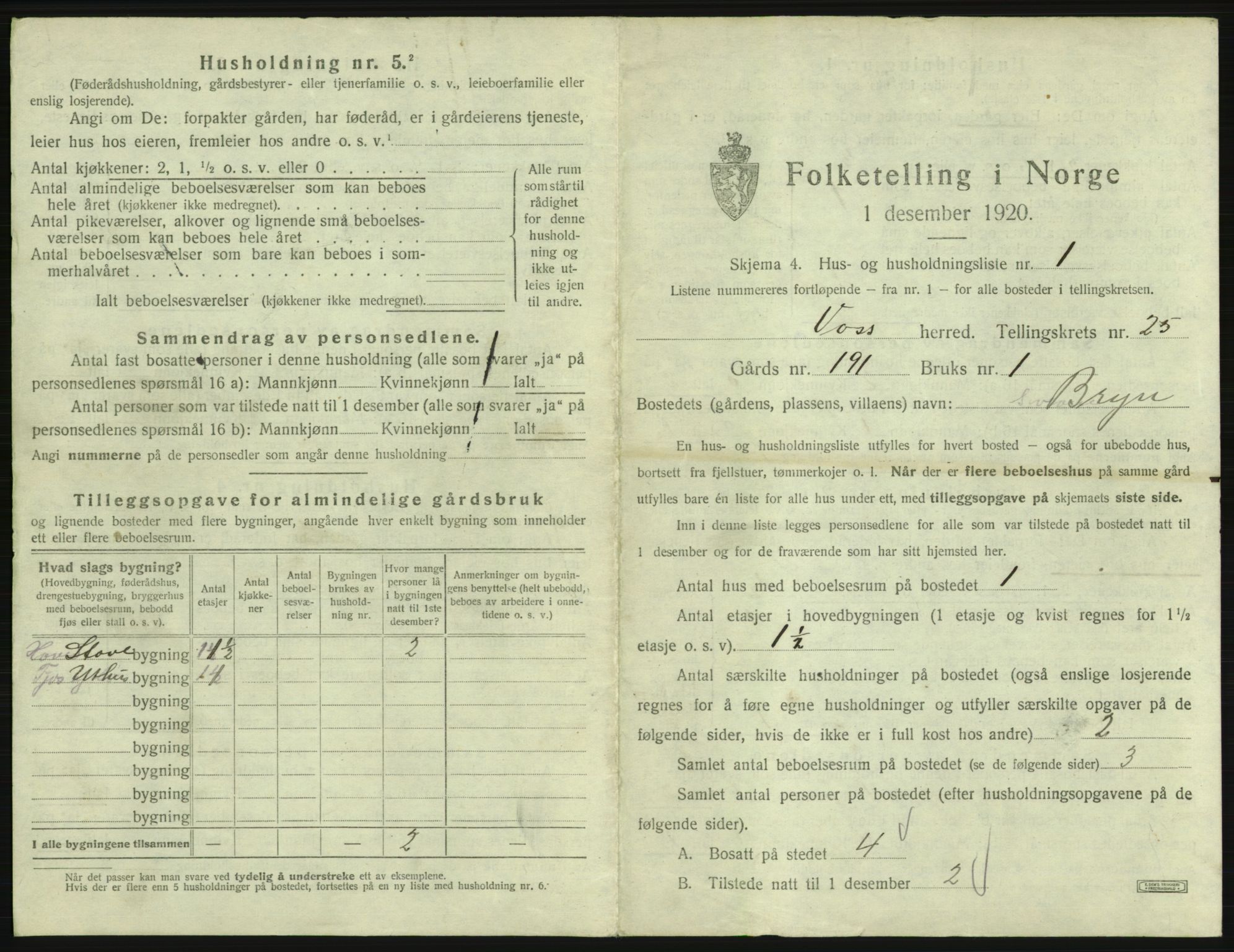 SAB, 1920 census for Voss, 1920, p. 2163