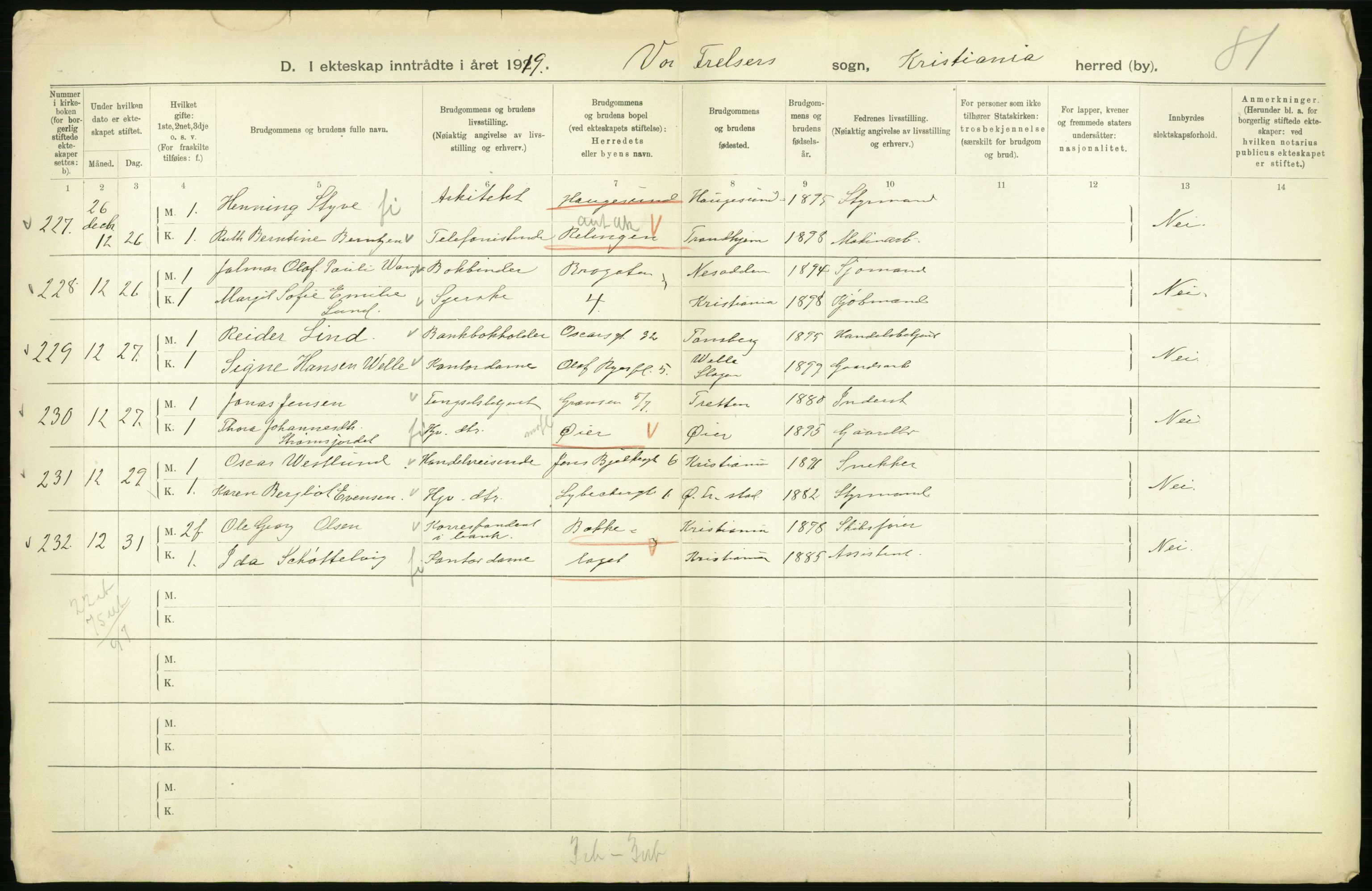 Statistisk sentralbyrå, Sosiodemografiske emner, Befolkning, AV/RA-S-2228/D/Df/Dfb/Dfbi/L0009: Kristiania: Gifte, 1919, p. 54