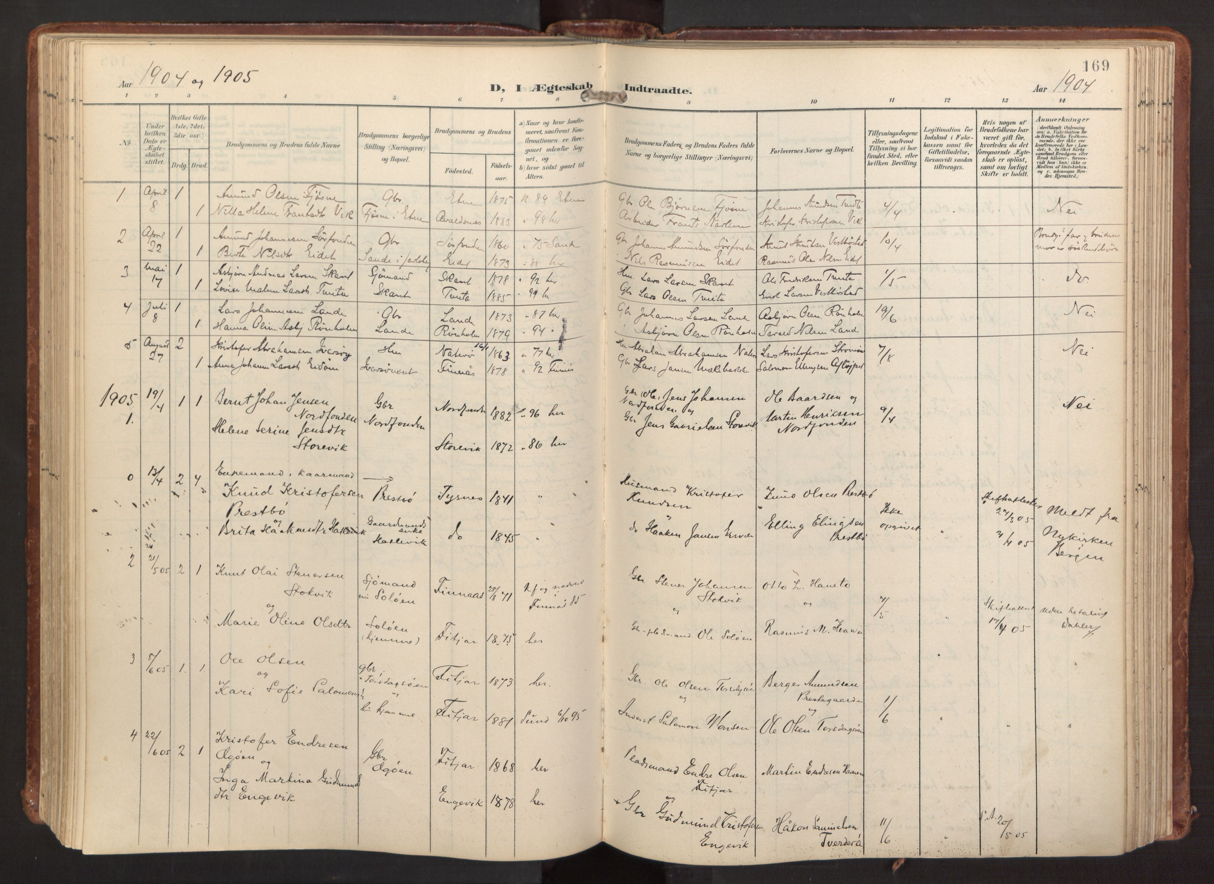 Fitjar sokneprestembete, SAB/A-99926: Parish register (official) no. A 3, 1900-1918, p. 169