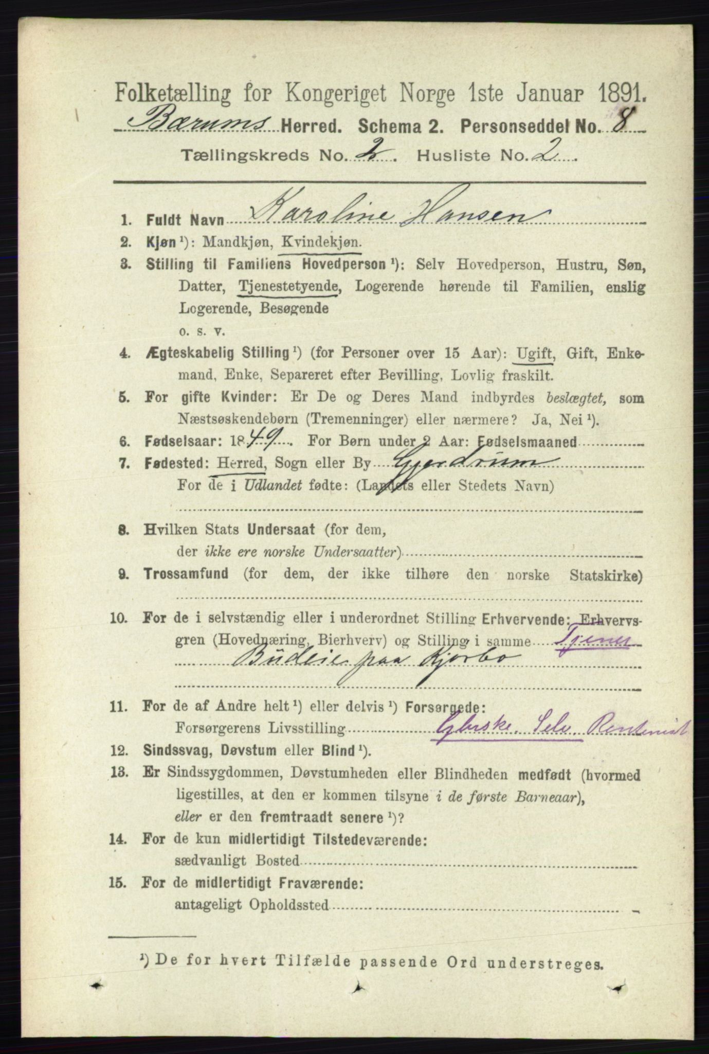 RA, 1891 census for 0219 Bærum, 1891, p. 1089