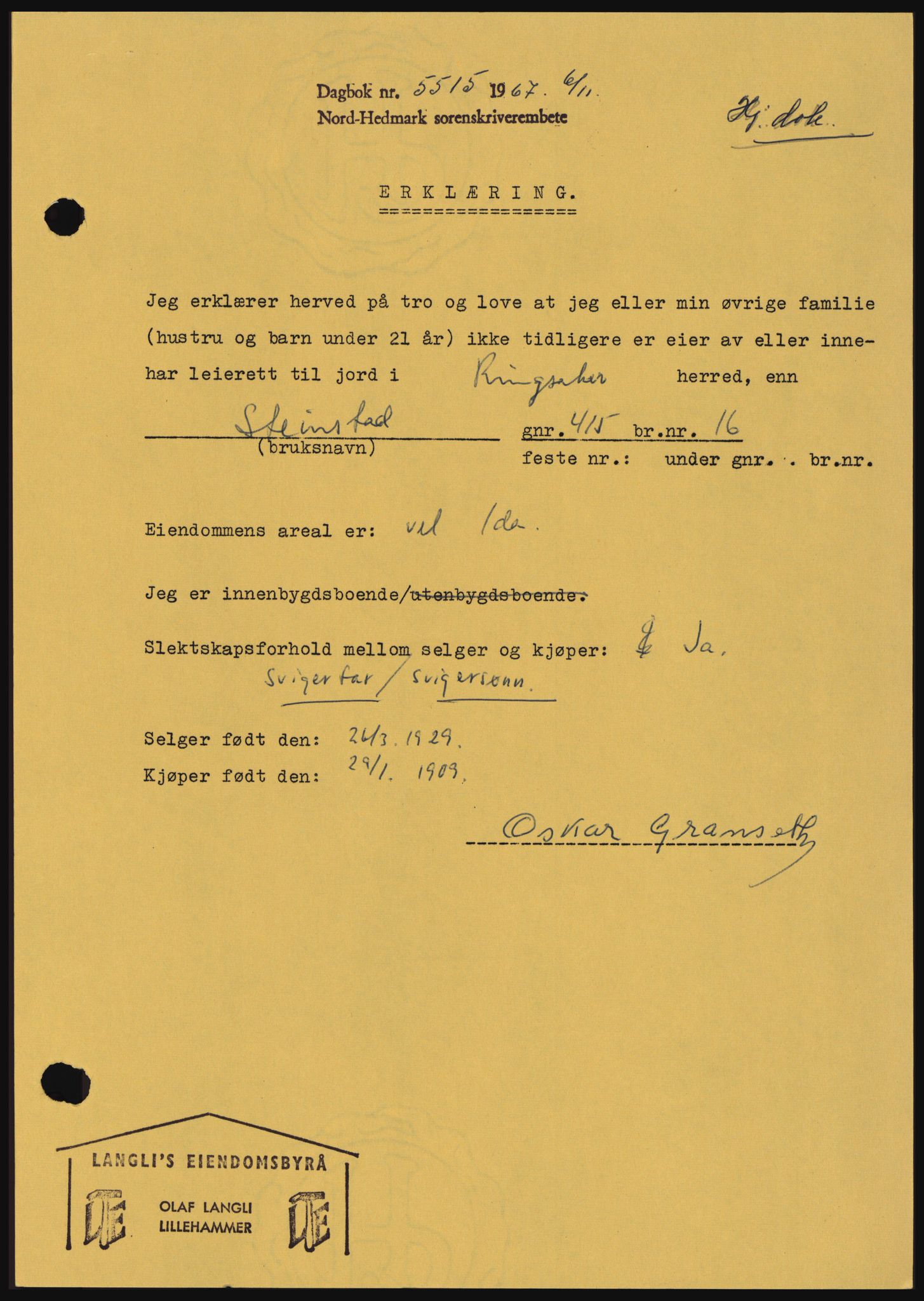 Nord-Hedmark sorenskriveri, SAH/TING-012/H/Hc/L0027: Mortgage book no. 27, 1967-1968, Diary no: : 5515/1967