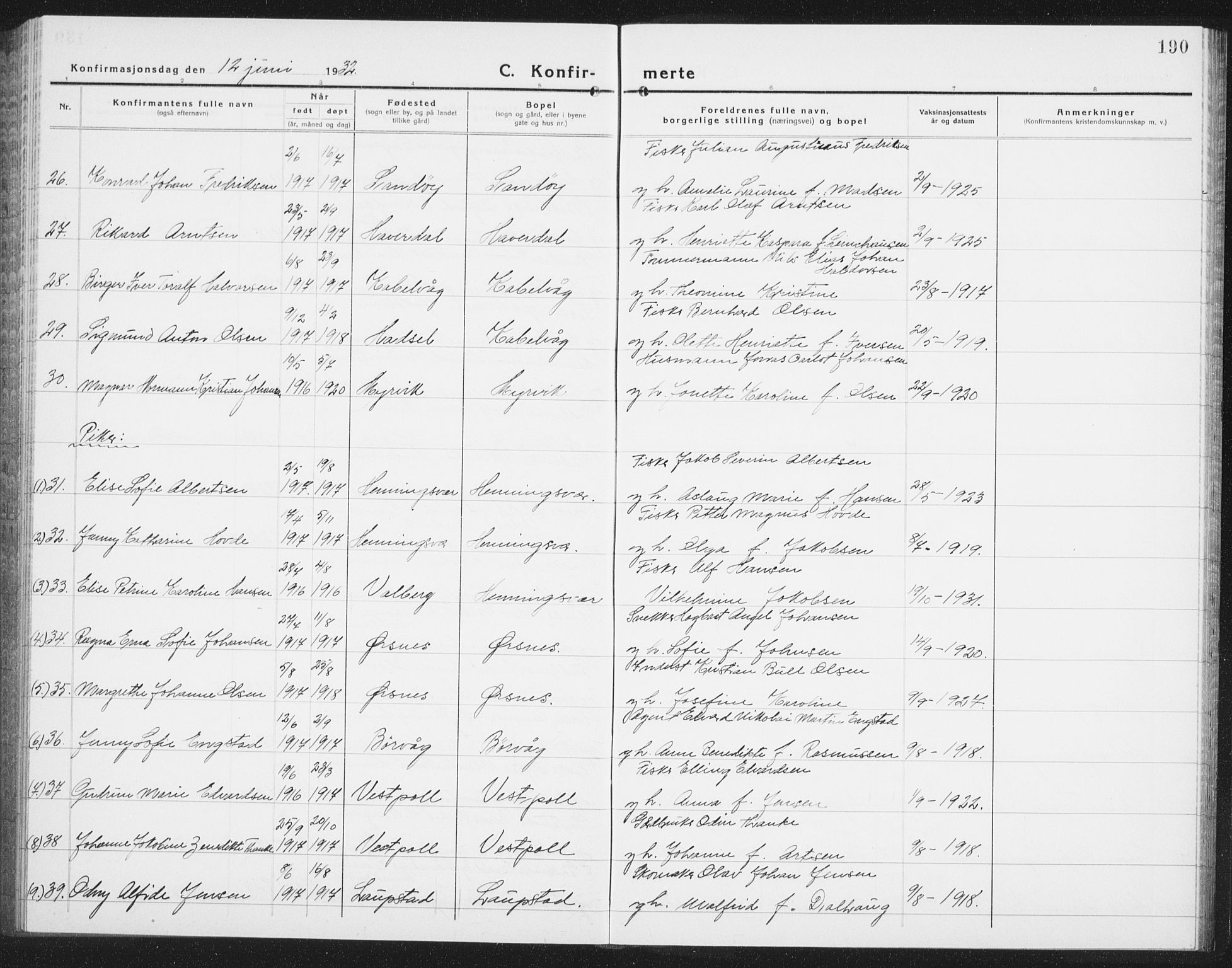 Ministerialprotokoller, klokkerbøker og fødselsregistre - Nordland, AV/SAT-A-1459/874/L1081: Parish register (copy) no. 874C10, 1925-1941, p. 190