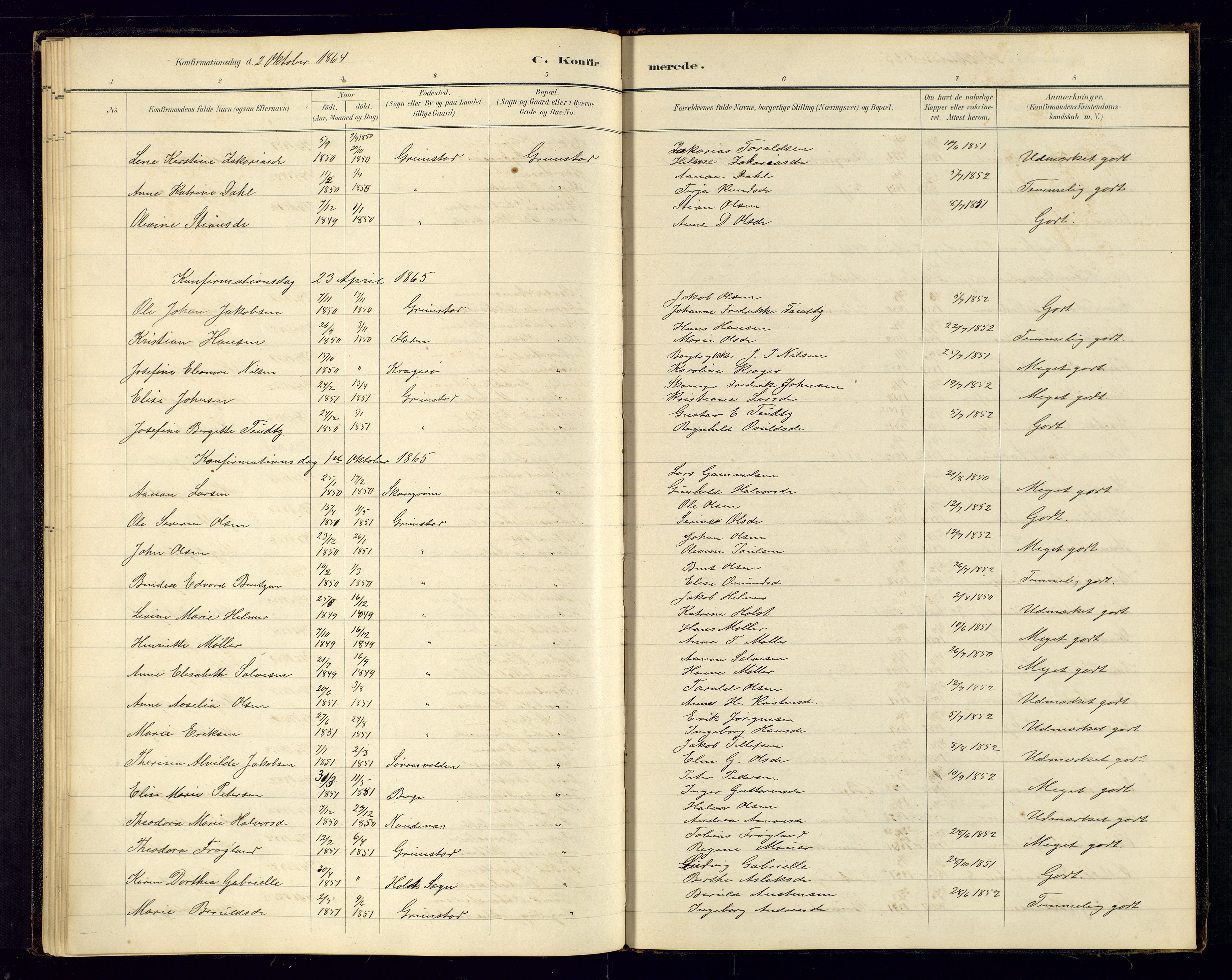 Grimstad sokneprestkontor, SAK/1111-0017/F/Fa/L0001: Parish register (official) no. A 1a, 1850-1877