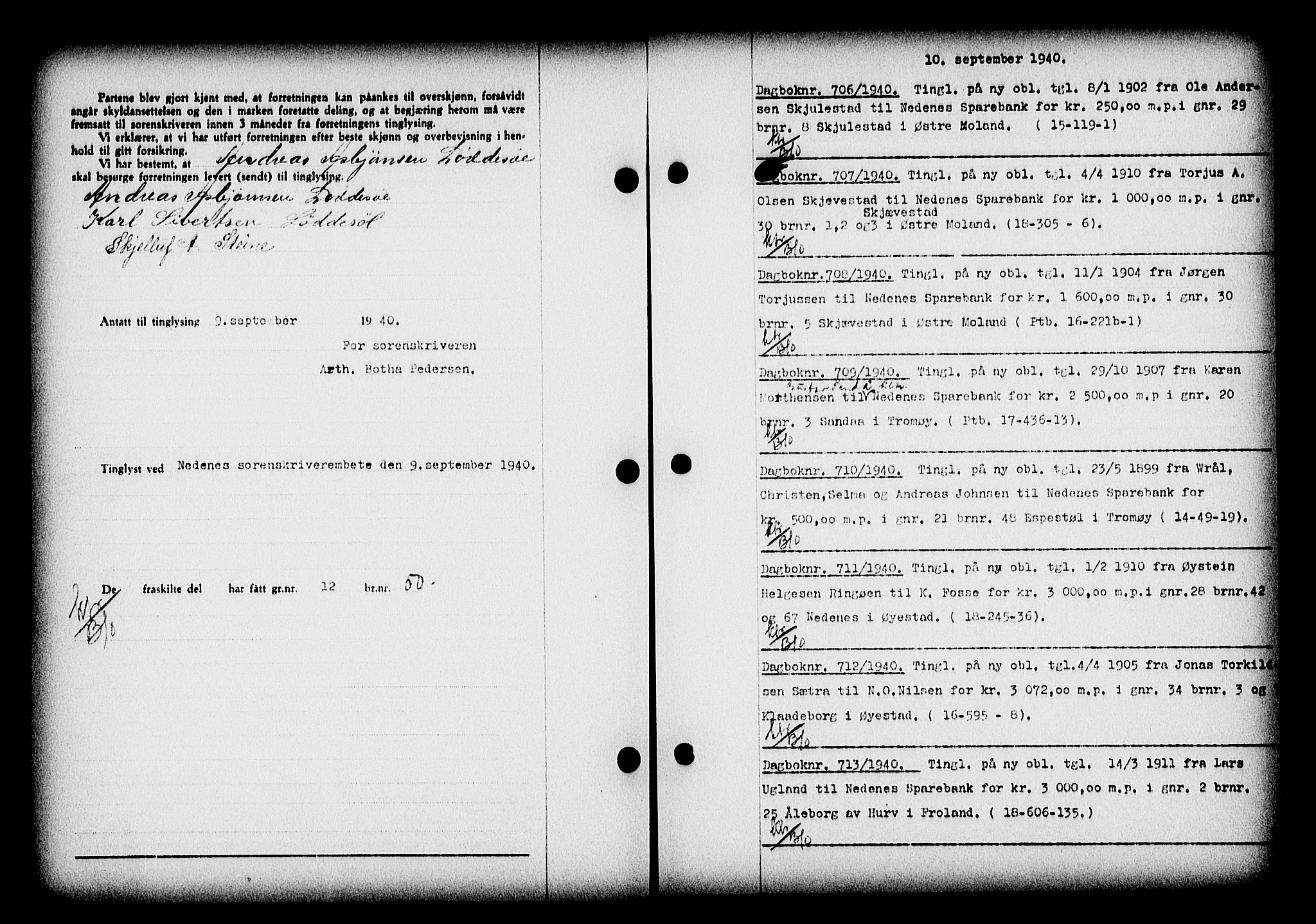 Nedenes sorenskriveri, SAK/1221-0006/G/Gb/Gba/L0047: Mortgage book no. A-I, 1939-1940, Diary no: : 706/1940
