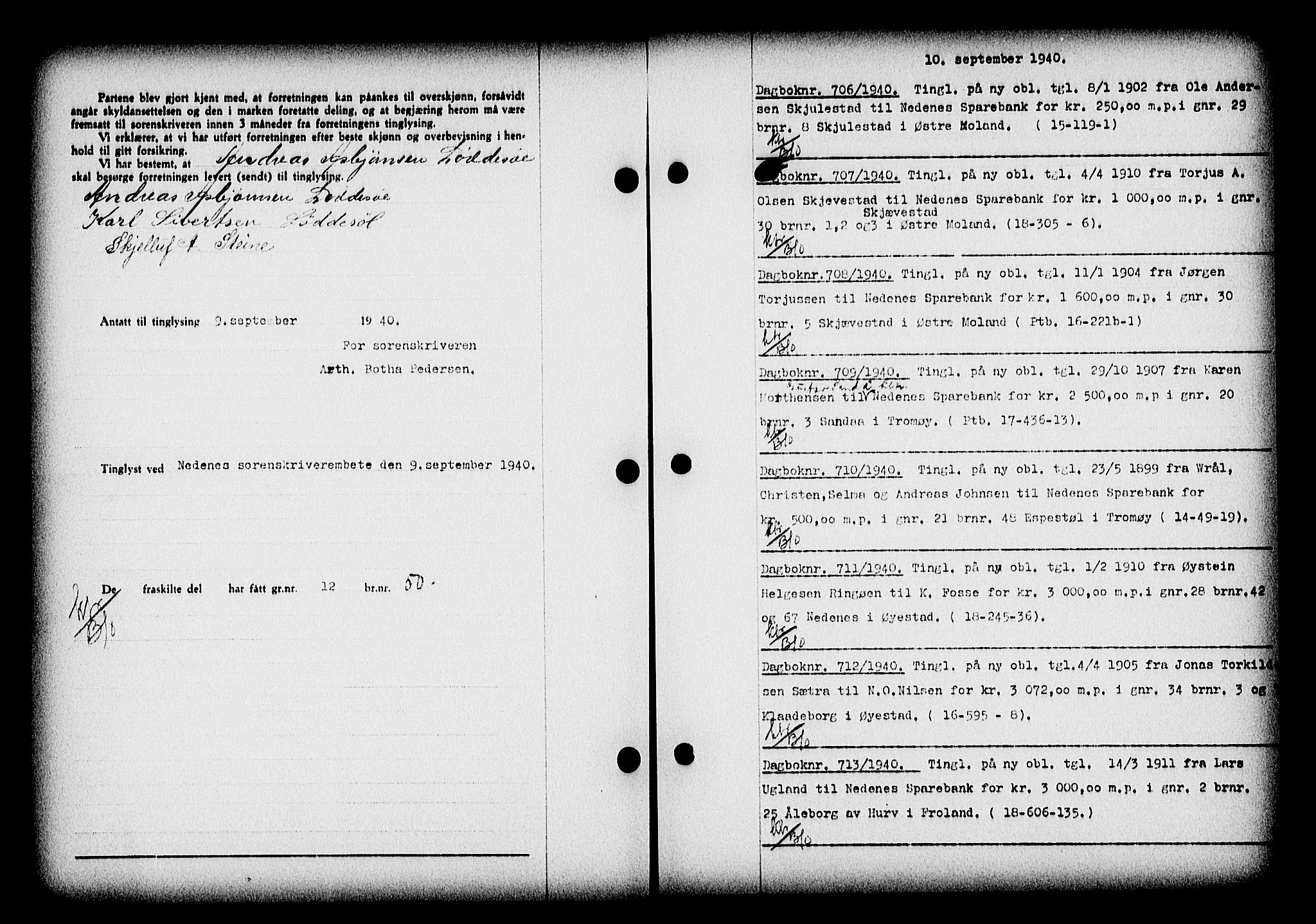 Nedenes sorenskriveri, AV/SAK-1221-0006/G/Gb/Gba/L0047: Mortgage book no. A-I, 1939-1940, Diary no: : 706/1940