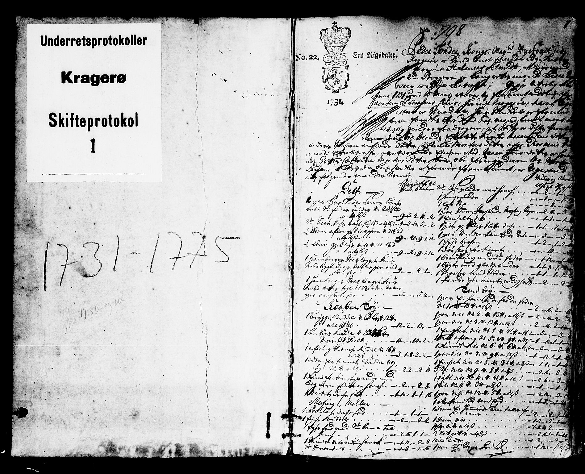 Kragerø byfogd, SAKO/A-215/H/Hb/L0001: Skifteprotokoll, 1731-1775, p. 0b-1a