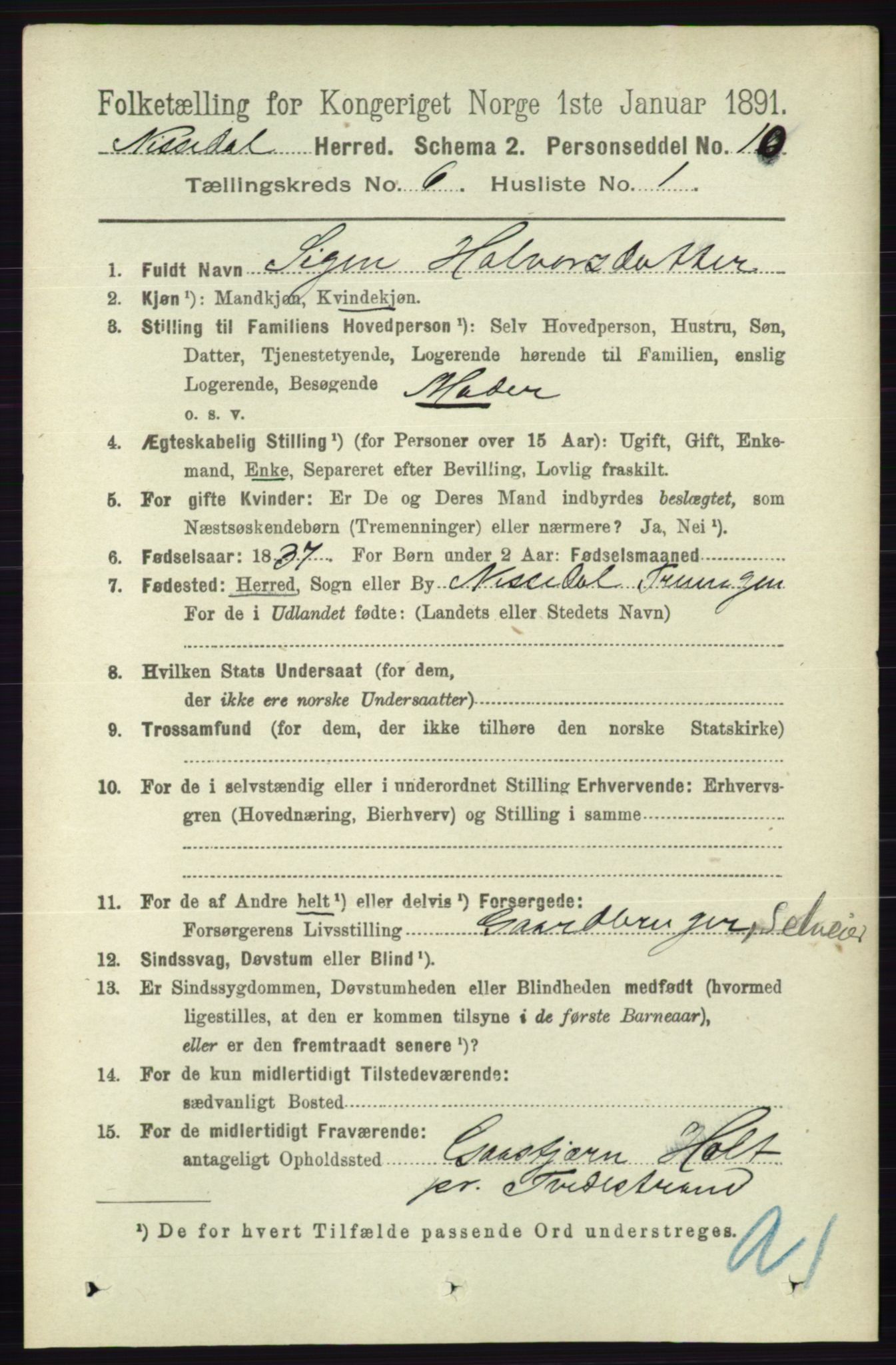 RA, 1891 census for 0830 Nissedal, 1891, p. 1341