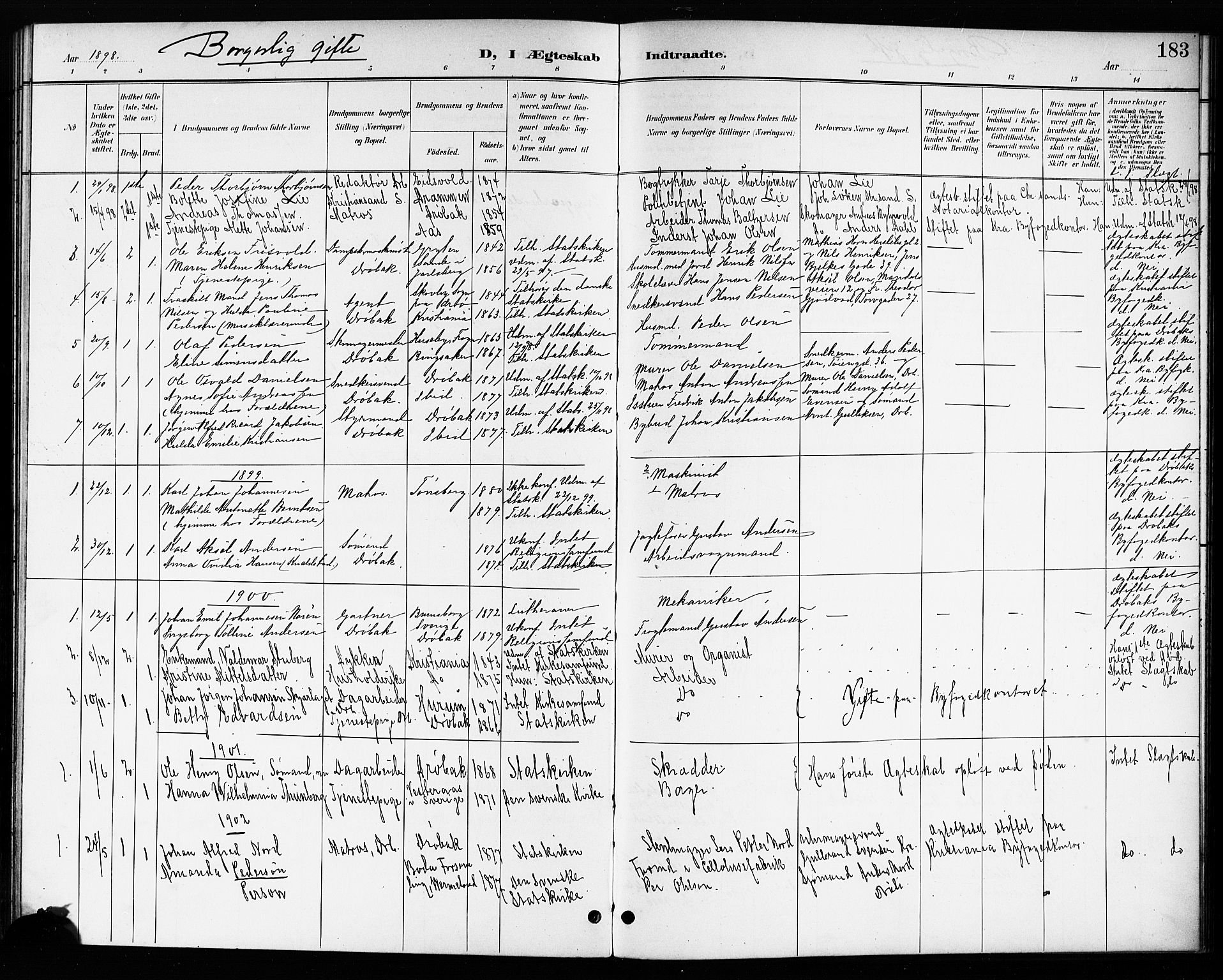 Drøbak prestekontor Kirkebøker, SAO/A-10142a/G/Ga/L0001: Parish register (copy) no. I 1, 1897-1917, p. 183